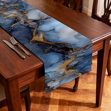 Nuxovilar Table Runner, Flax Table Runner 13x72 in | Blue Gold Marble Art Table Runners for Modern Dinners, Artistic Spaces, Luxe Gatherings