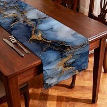 Nuxovilar Table Runner, Flax Table Runner 13x72 Inches - Blue Gold Marble Art Table Runners for Modern Dinners, Artistic Spaces, Luxe Gatherings