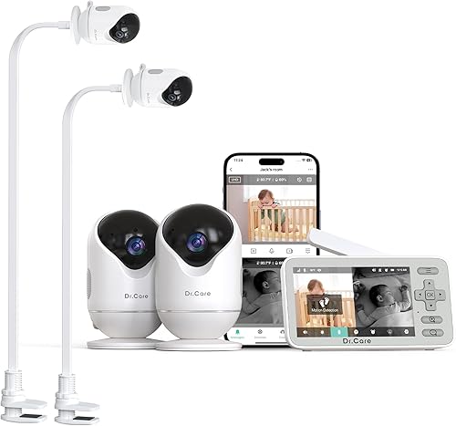 Dr.Care VistaView Lite Smart WiFi Baby Monitor with 2 Cameras 2 Clip Mount - 4 720P Split Screen & 1080P Camera App Control, Motion Alerts, HD Night
