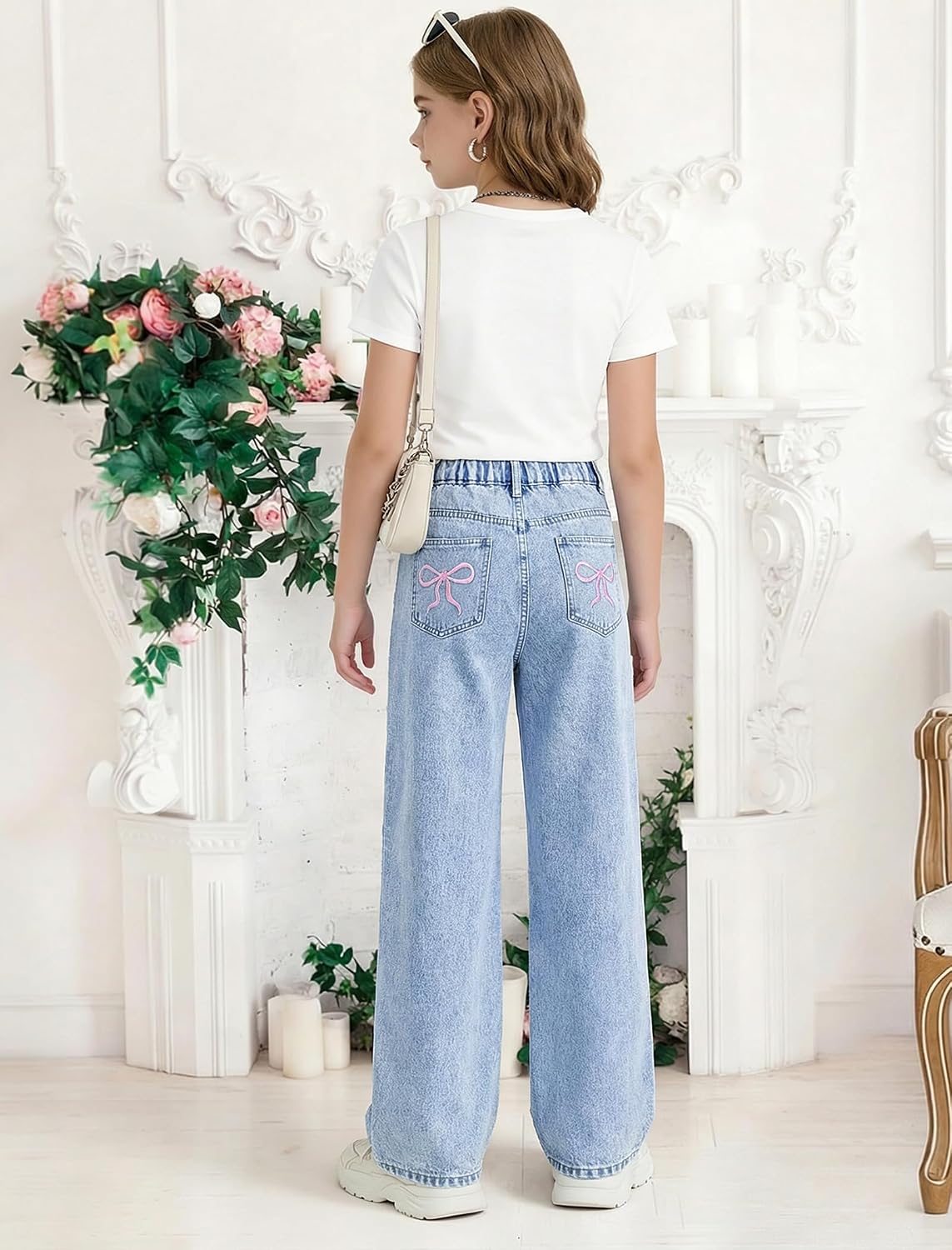 Girls Baggy Jeans Wide Leg High Elastic Waisted Bow Embroidered Straight Pant Y2k Cute Tween Skater Streetwear