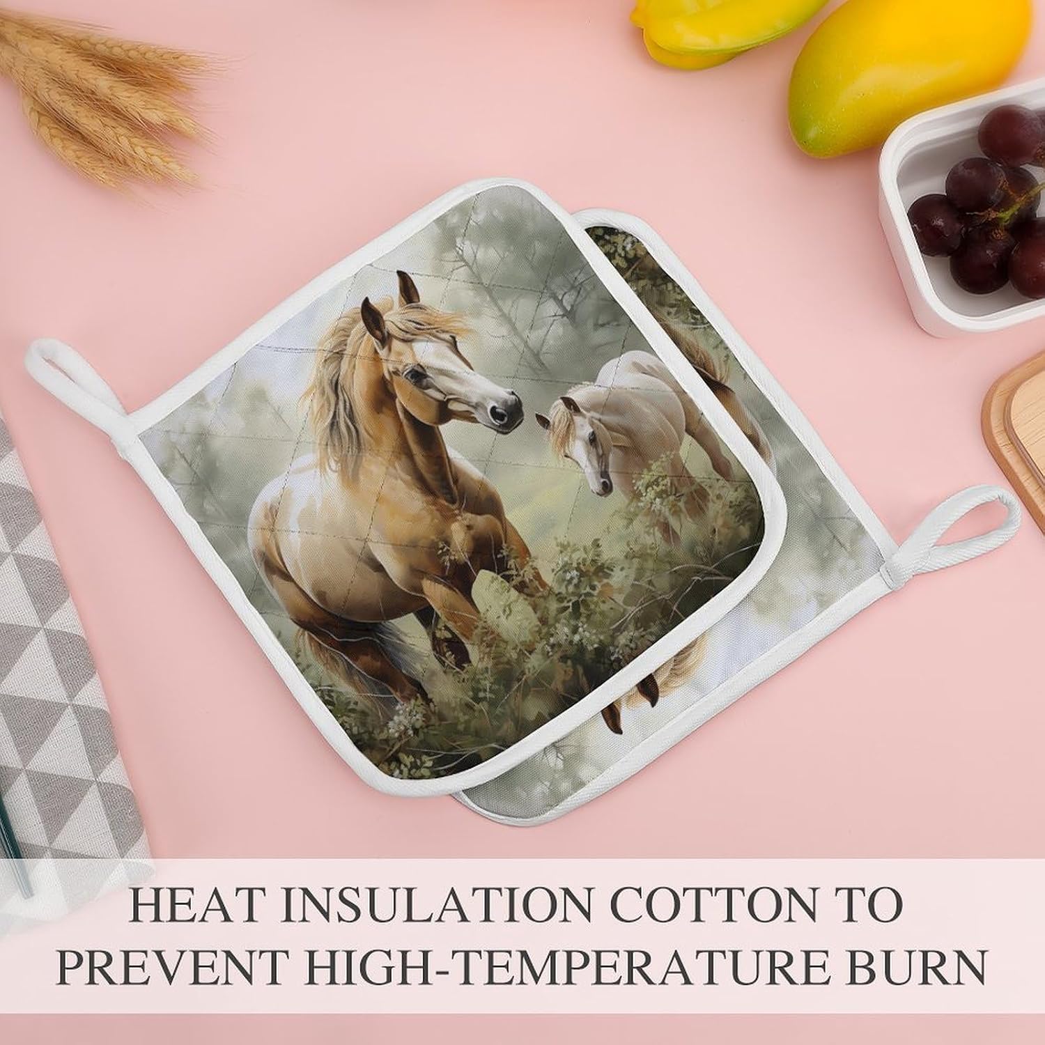 Pot Holder Set of 2 Animals Embroidery Paintings Horses Printed Potholders for Kitchens Heat Resistant & Non Slip Potholders for Kitchen Cooking Baking BBQ