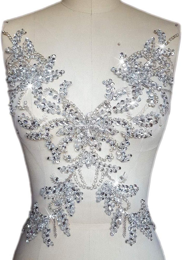 Unique Amazingly Pure Handmade Sparkly Silvery Sew on Rhinestones Sequins Appliques Crystals Patches 13.4x11.4″ Sewing Crastal for Wedding Evening Dress Accessory (White)