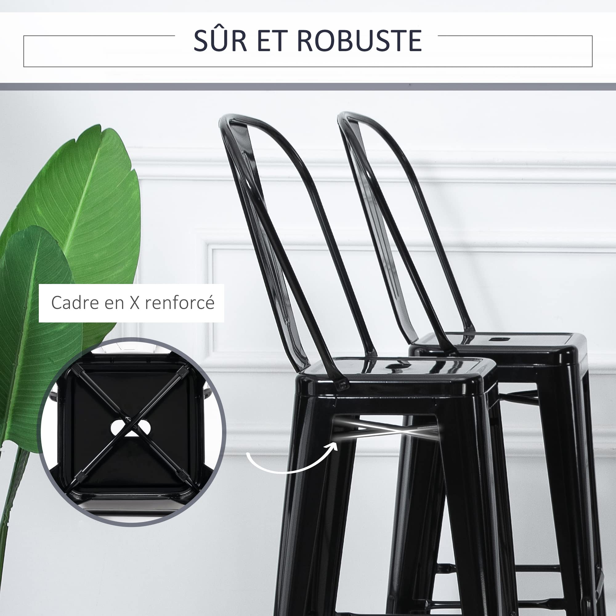 HOMCOM Lot de 4 tabourets de Bar Empilable Chaise de Bar Industriel avec Dossier Repose-Pied Hauteur d'Assise 76 cm métal Noir