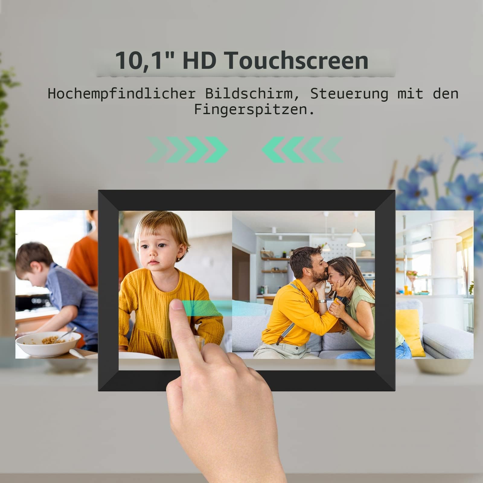 Digitaler Bilderrahmen WiFi 10,1 Zoll 1280x800 IPS LCD Touchscreen 32GB Speicher Frameo App Schwarz