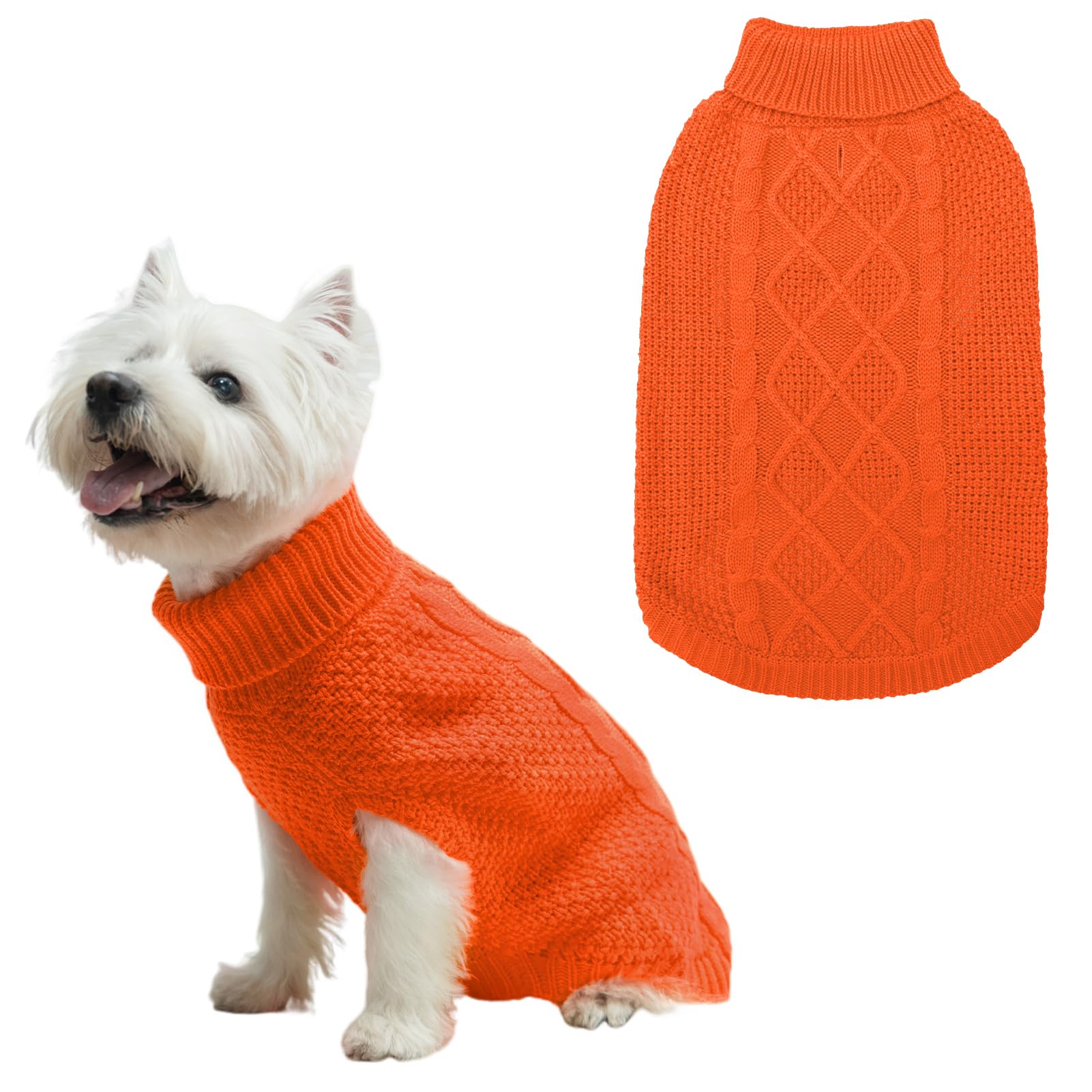 Mihachi Turtleneck Dog Sweater - Winter Coat Apparel Classic Cable Knit Clothes with Leash Hole for Cold Weather, Ideal Gift for Pet in New Year Orange Small