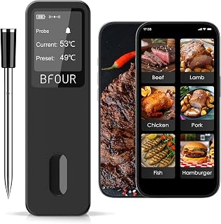 BFOUR Fleischthermometer kabellos,Smart Bluetooth Grillthermometer,Doppelalarm,App-Überwachung,IP67 wasserdicht,Backofenthermometer für BBQ, Grill, Backofen,Smoker, Rotisserie