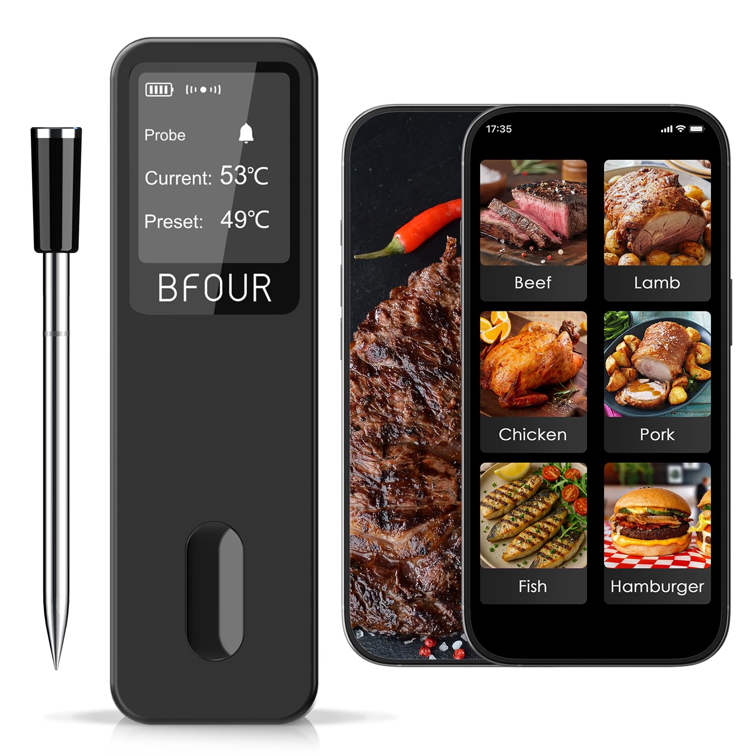 BFOUR 2025 Fleischthermometer kabellos,Smart Bluetooth Grillthermometer,Doppelalarm,App-Überwachung,IP67 wasserdicht,Backofenthermometer für BBQ, Grill, Backofen,Smoker, Rotisserie