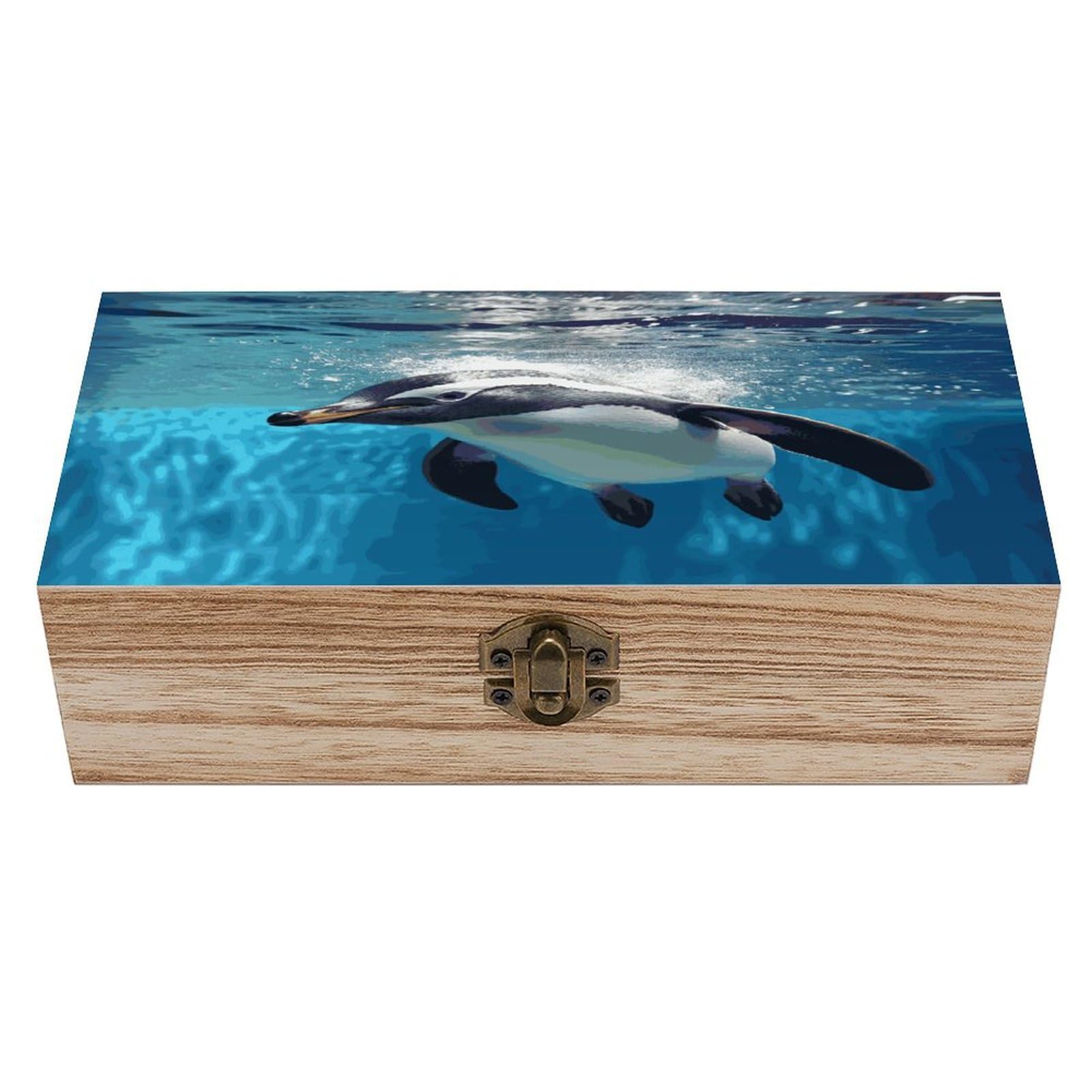 VstaDank Swimming Penguin Wooden Storage Box Wooden Keepsake Box with A Hinged Lid Fashion Memory Treasure Boxes Decorative Jewelry Case for Crafts Photo Home Decor Wood Gift Box