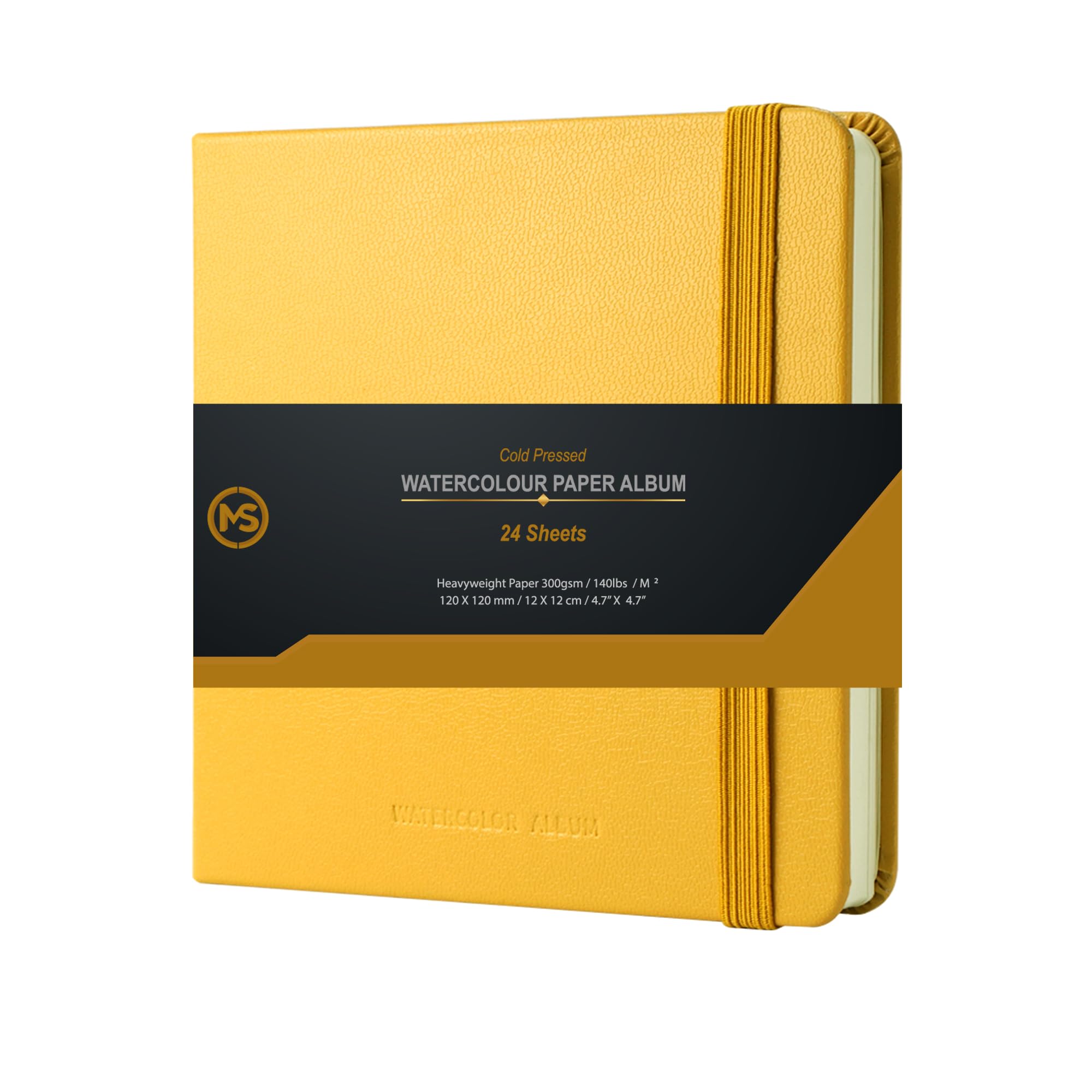 Ms My Stationery Ochre Watercolour Sketchbook Premium 300Gsm /140Lb 100% Cotton Paper 24 Sheets Off-White Cold-Pressed Sewn Binding 4.7" X 4.7" Album For Artists & Beginners Wet Media And Mixed Techniques-Leatherette