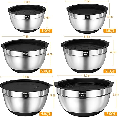 Miniatura 7 de Umite Chef Mixing Bowls with Airtight Lids, 26Pcs Stainless Steel Bowls Set, 3 Grater Attachments & Black Non-Slip Bottoms Size 7, 4, 2.5, 2.0,1.5