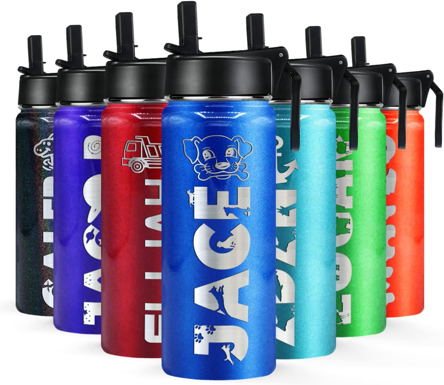 Personalized Boys Water Bottle with Straw Lid on Blue Glitter for School Engraved Custom Children Name 18 oz Modern Insulated