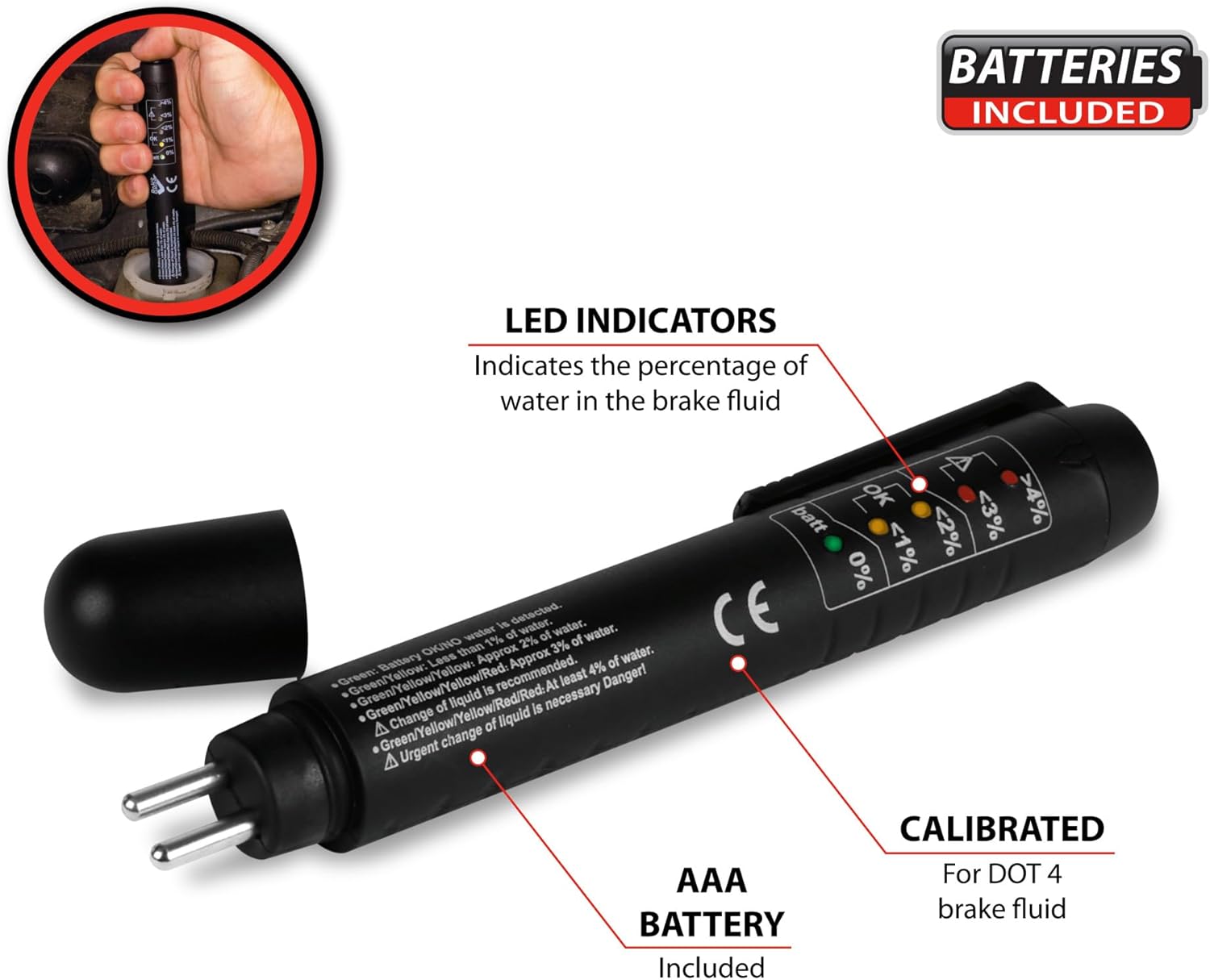 Performance Tool W181 Brake Fluid Moisture Tester - 5 LED Readout, Calibrated for DOT 4, Portable with AAA Battery Included, Not for use on DOT 5