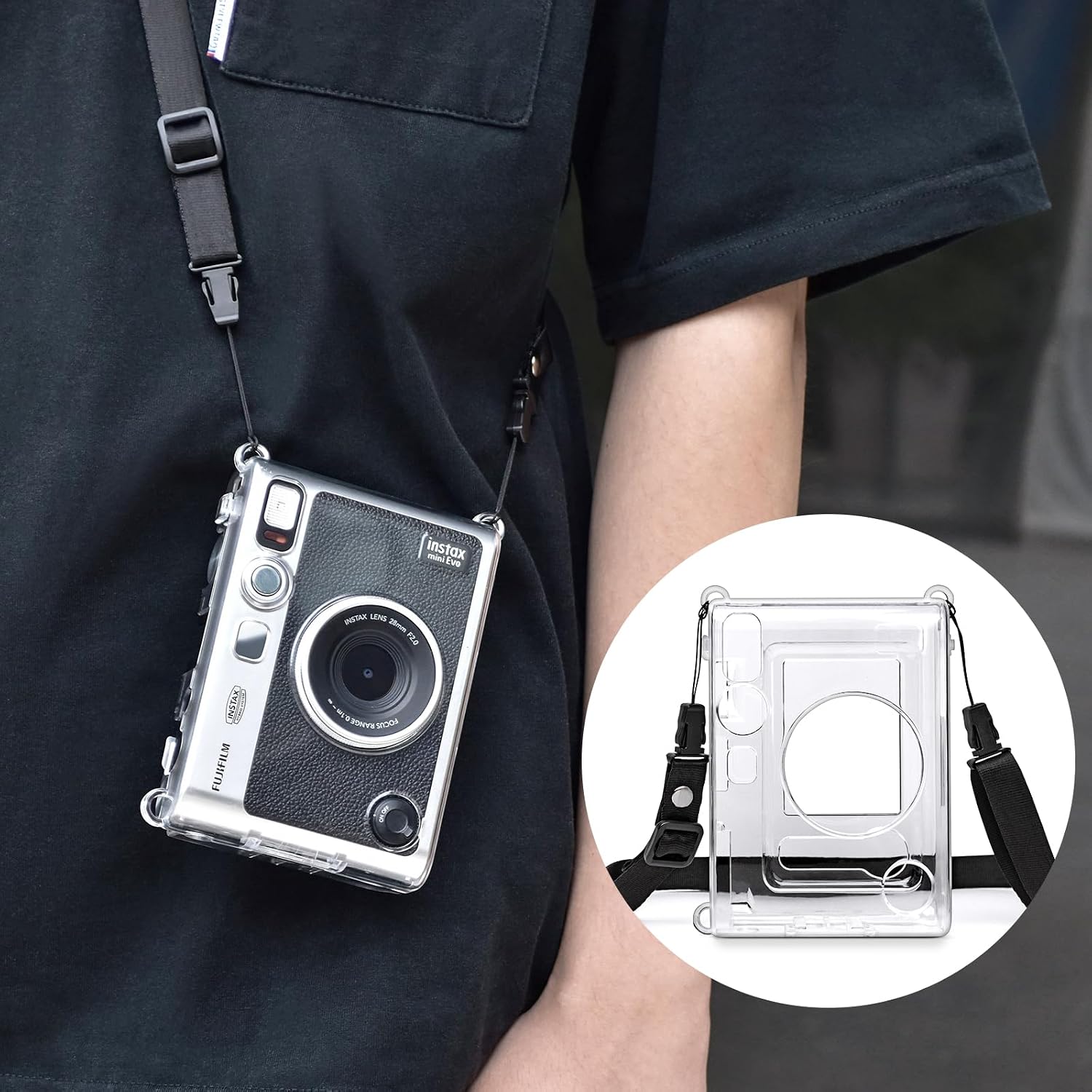 MUZIRI KINOKOO Clear Case for Instax Mini EVO Instant Camera - Hard PVC Fuji Mini EVO Camera Crystal Clear Protective Case Cover with Black Adjustable Shoulder Strap - Transparent