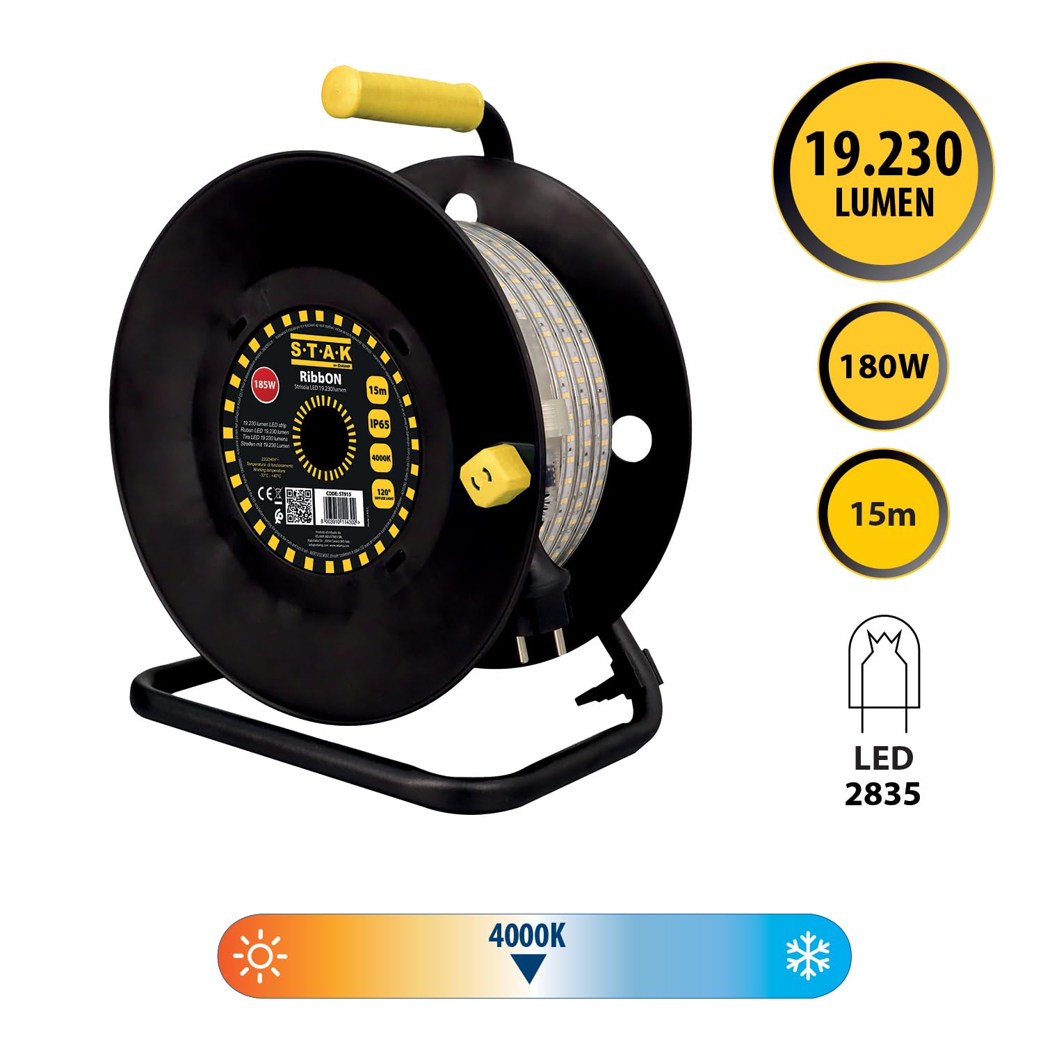 STAK RibbON Striscia LED 15 Metri con Avvolgitore – 19.230 Lumen, 4000K Luce Naturale, IP65, Flessibile e Impermeabile per Uso Professionale in Cantiere e Esterni