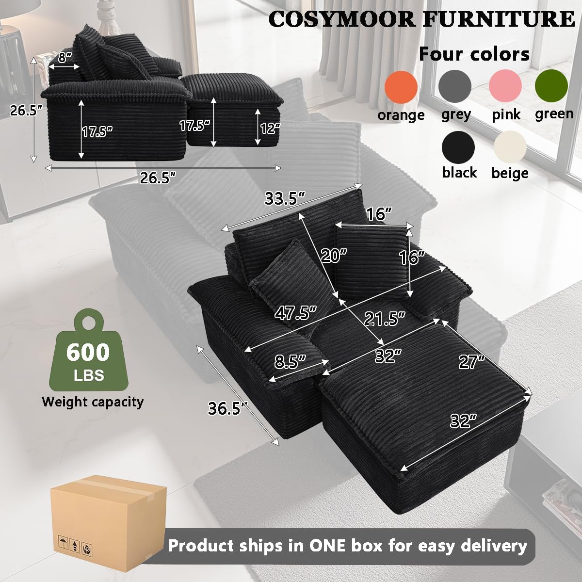 Chaise Lounge Chair with Ottoman, Black Corduroy Sofa Set, 47" Modern Single Boneless Cloud Sofa Memory Foam Couch Deep Seat with Pillow Cushion for Living Room/APT No Assembly Required