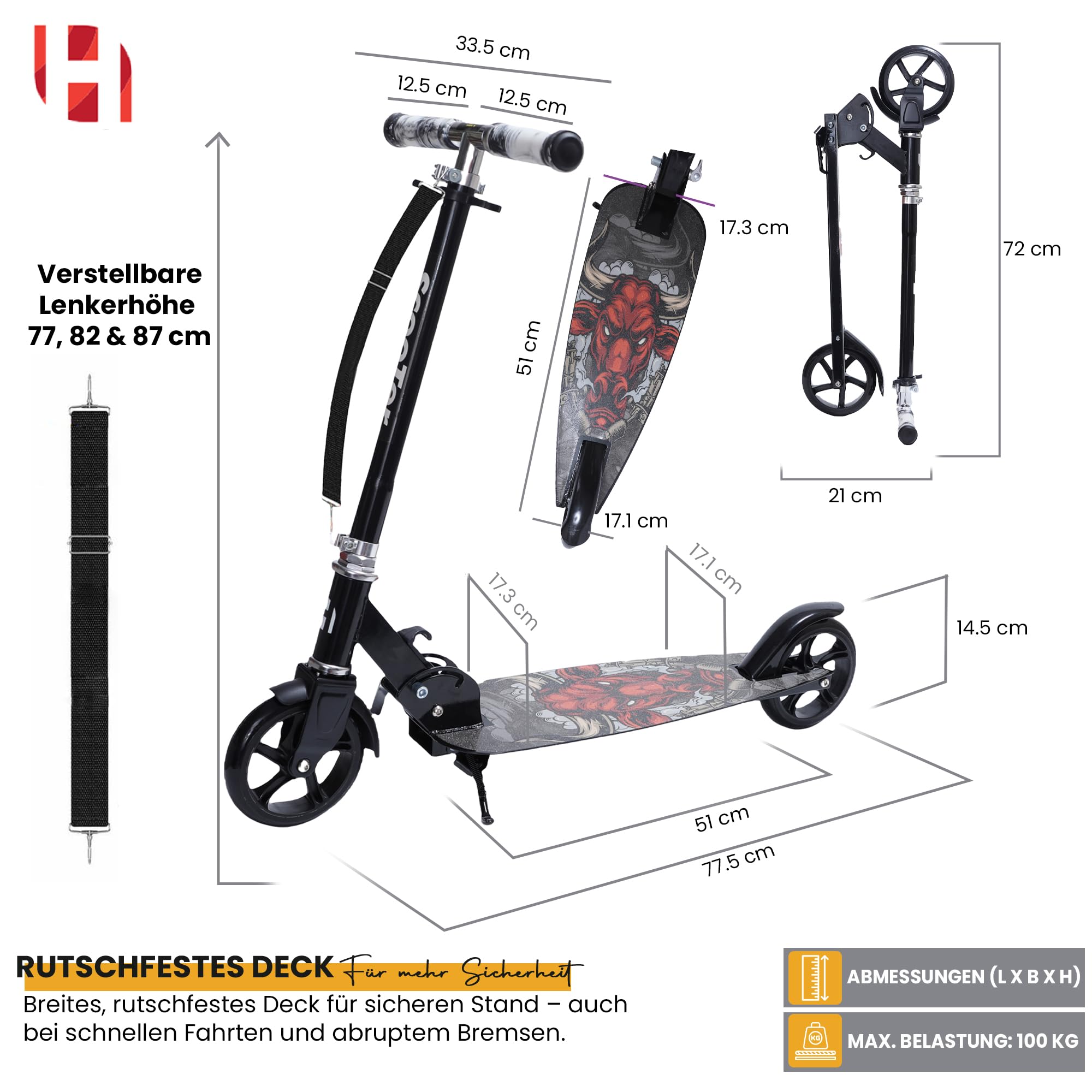 Habib Gruppe Patinete de ciudad, patinete infantil, 8 – 15 años, plegable, tabla ancha, altura ajustable, asas de colores