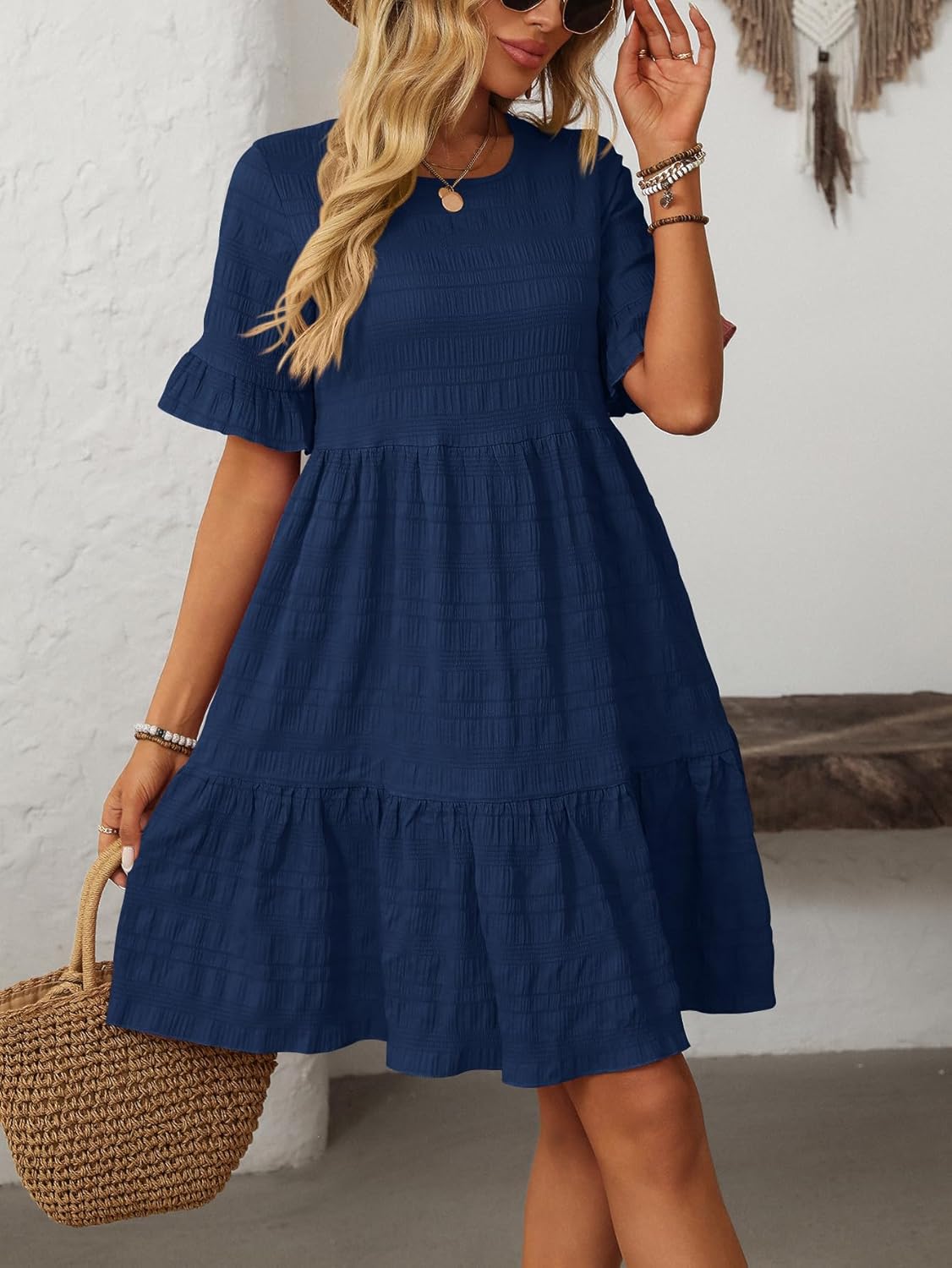 CASURESS Womens Summer Dress Ruffle Sleeve Smocked Crew Neck Midi Dresses Casual Flowy Tiered Swing Boho Beach Sundress - Image 5