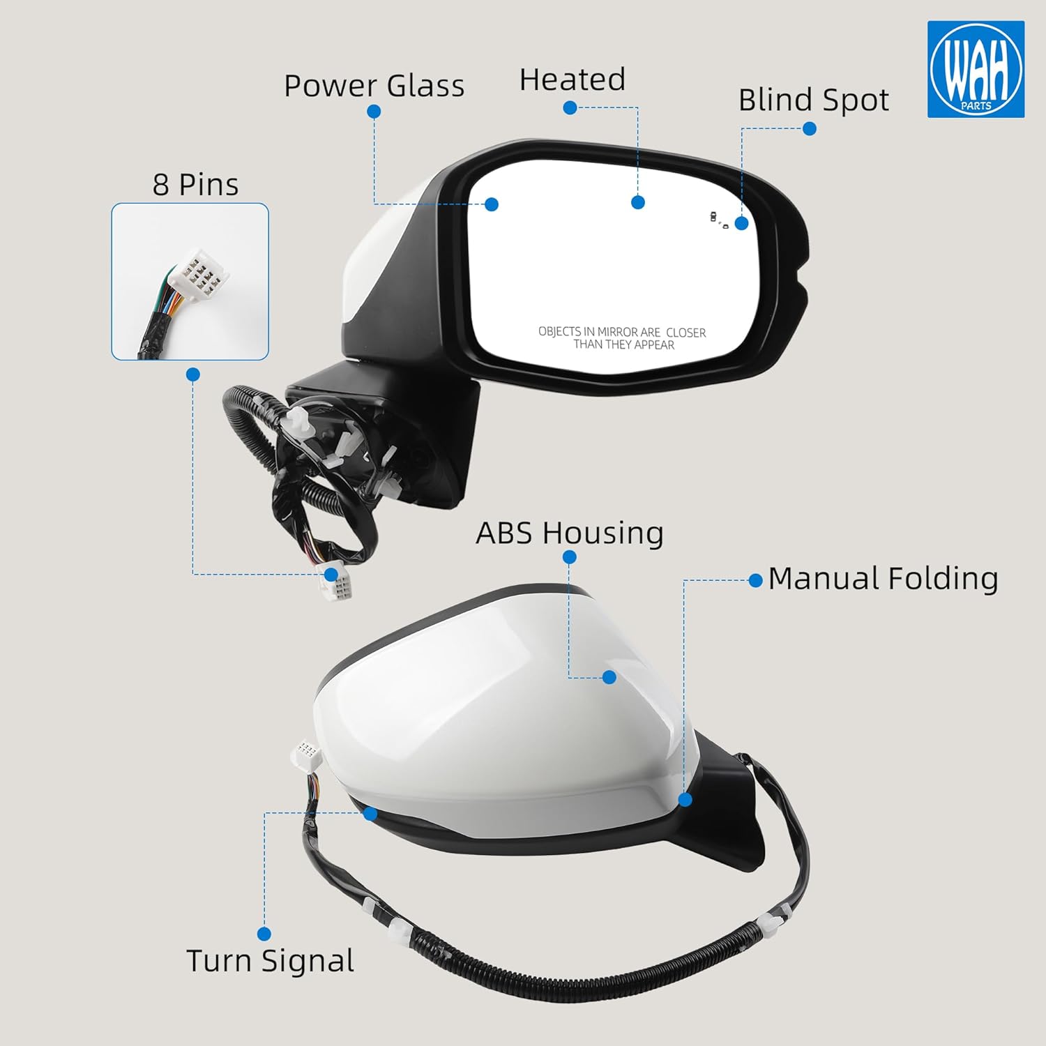 White Right Passenger Side Door Mirror Assembly Compatible With 2023-2025 Honda HR-V EX-L/EX-L NAVI/SPORT 8 Pins Blind Spot Turn Signal Light Heated 76203-3W01-A11