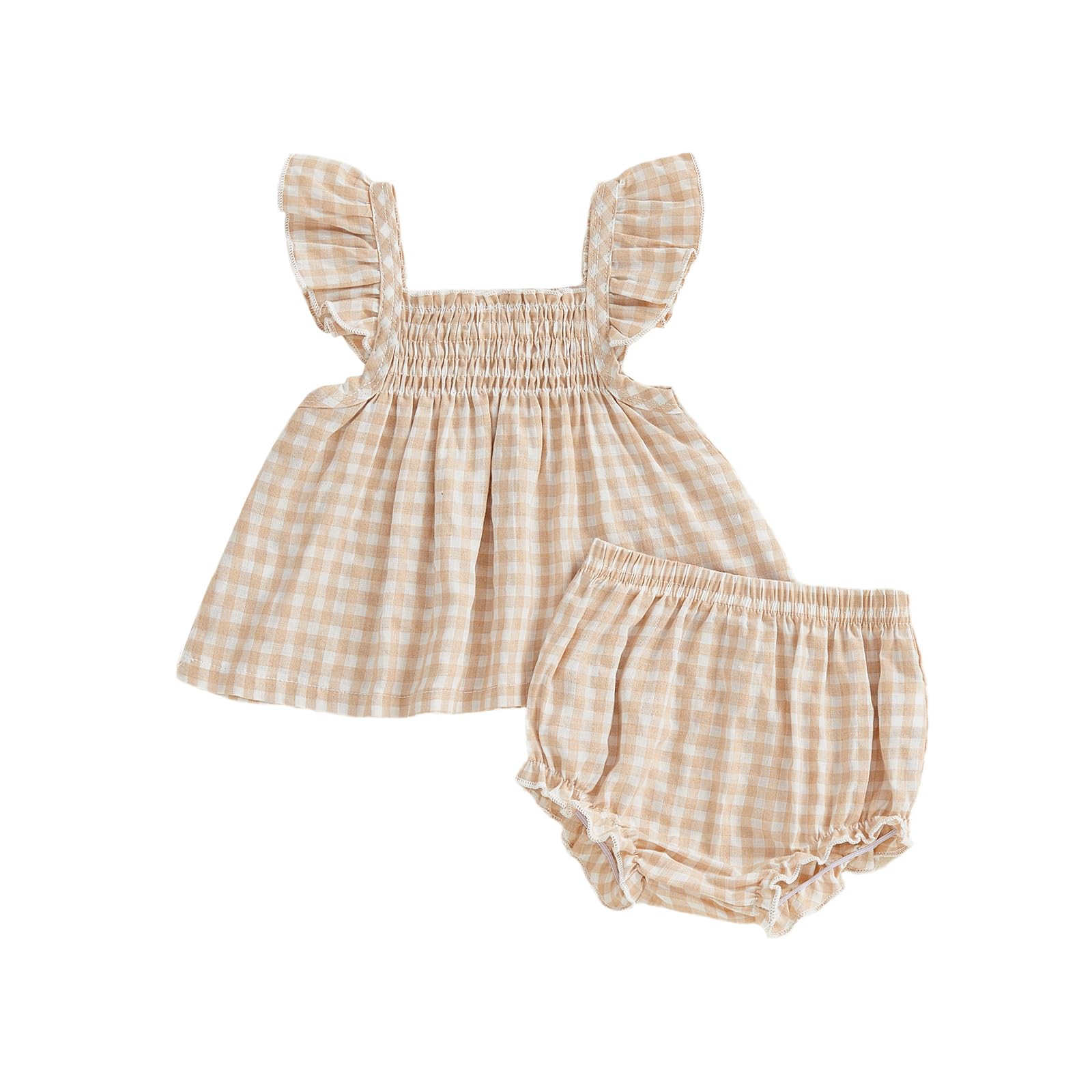 – Baby Girl Summer Clothes Plaid Ruffle Babydoll Tops Dress Shorts Set Toddler Girl Gingham Outfit Flying Sleeve Shrit Bloomers
