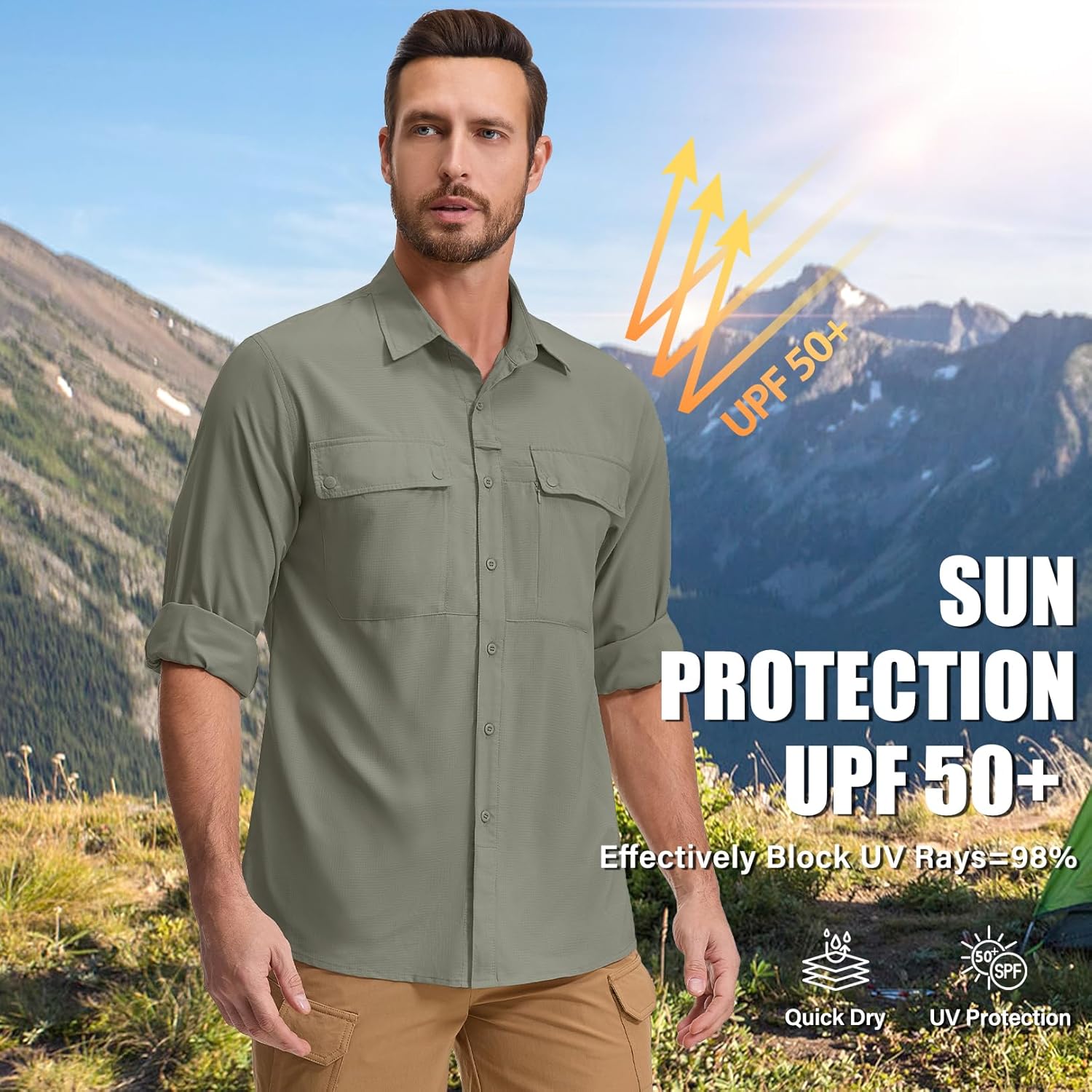Men's Long Sleeve Hiking Fishing Shirts UPF 50+ Sun Protection Quick Dry Shirts Outdoor Travel Safari Camping - Image 6