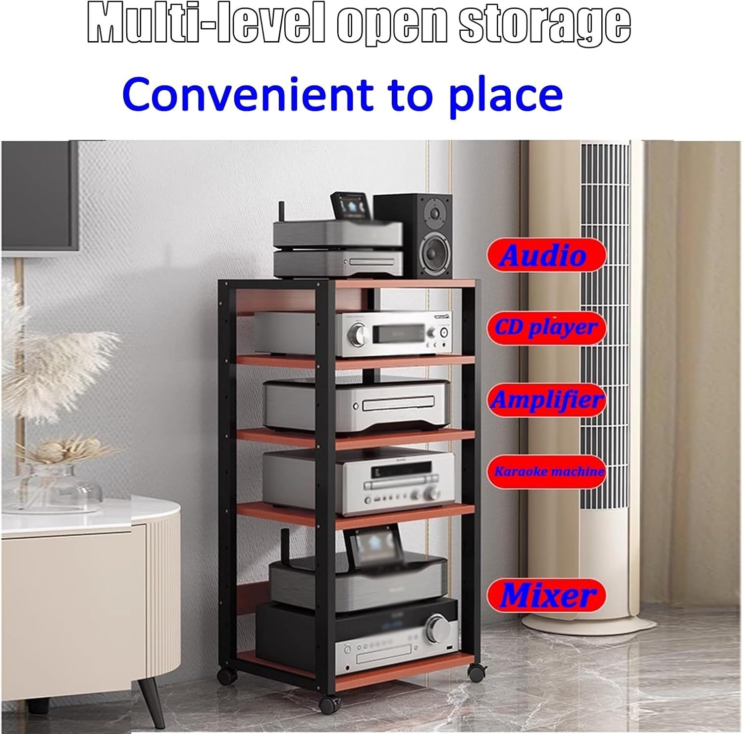 131cm Tall Modern Audio Video Stand, Sleek Stereo Cabinet for Receiver & CD Player, Amplifier Rack for Living Room & Kitchen(Brown)