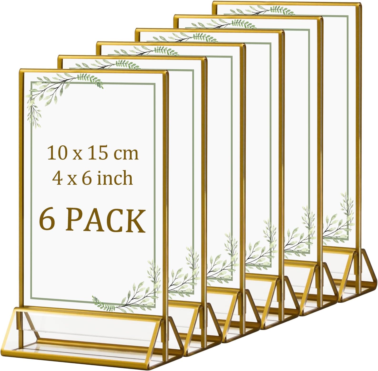 Golden Double-Sided Picture Frame - 6 Pack, 13 x 15 cm Acrylic Clear Picture Place Card Holder Vertical Stand, Easel Style Stand Menu Holder Display for Wedding Table Number, Photo