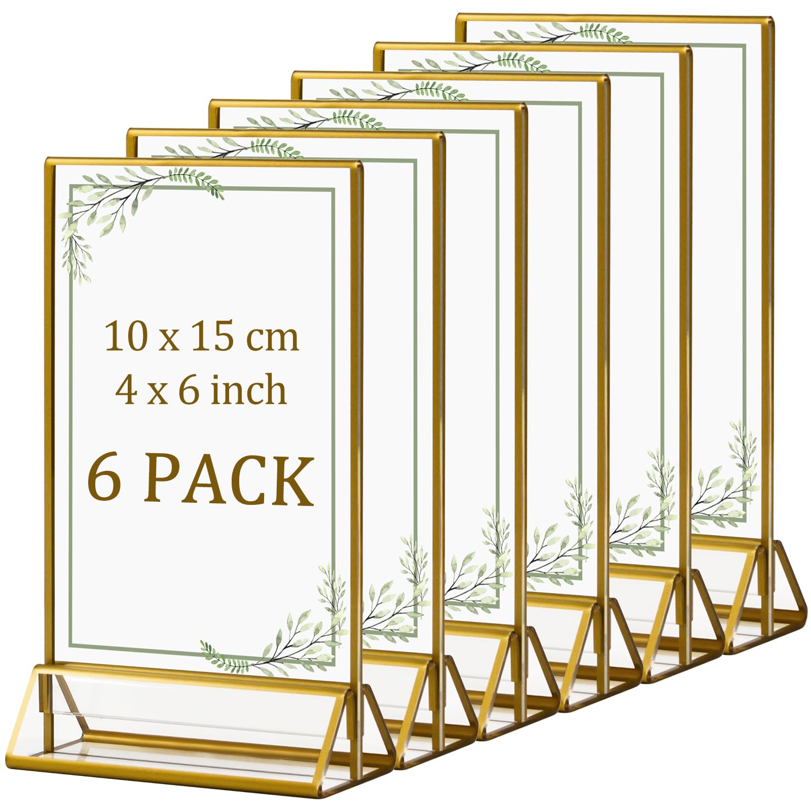 ECOSEAO Gold Picture Frames 10x15 cm 6 Pack, Double Sided Acrylic Sign Holder with Gold Border - Clear Vertical Sign Stand Table Number Menu Holders — image 1