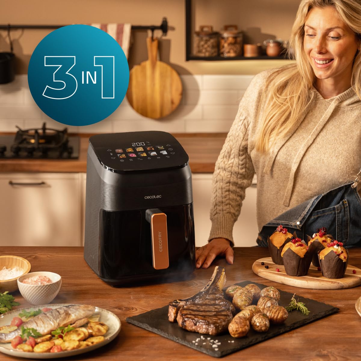 Cecotec Air Fryer Cecofry&Grill Smokin' 4500. Friteuse à Air sans Huile, Grill, Plancha, Fonction Fumoir, Résistance Double, Cuisson Uniforme, Idéale pour Viandes et Pizzas