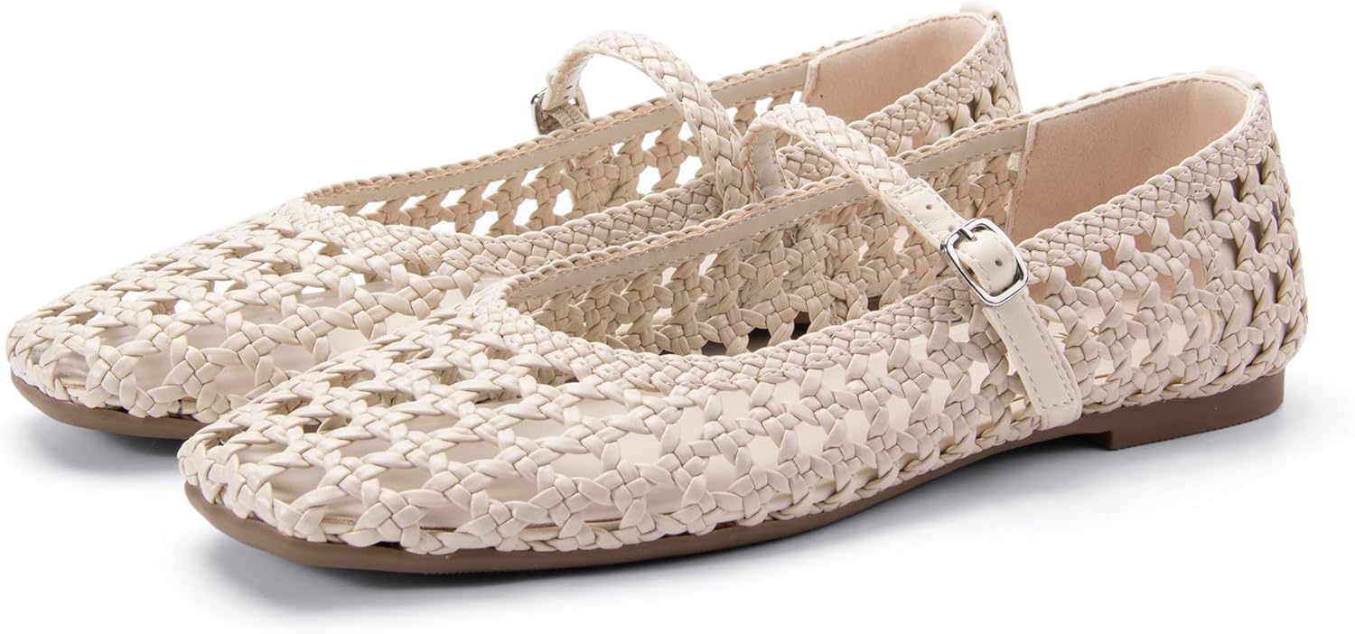 Woven Ballet Flats Shoes for Women Square Toe Mesh Mary Jane Flat with Adjustable Strap, Dressy, Comfortable and Cute Ballerina