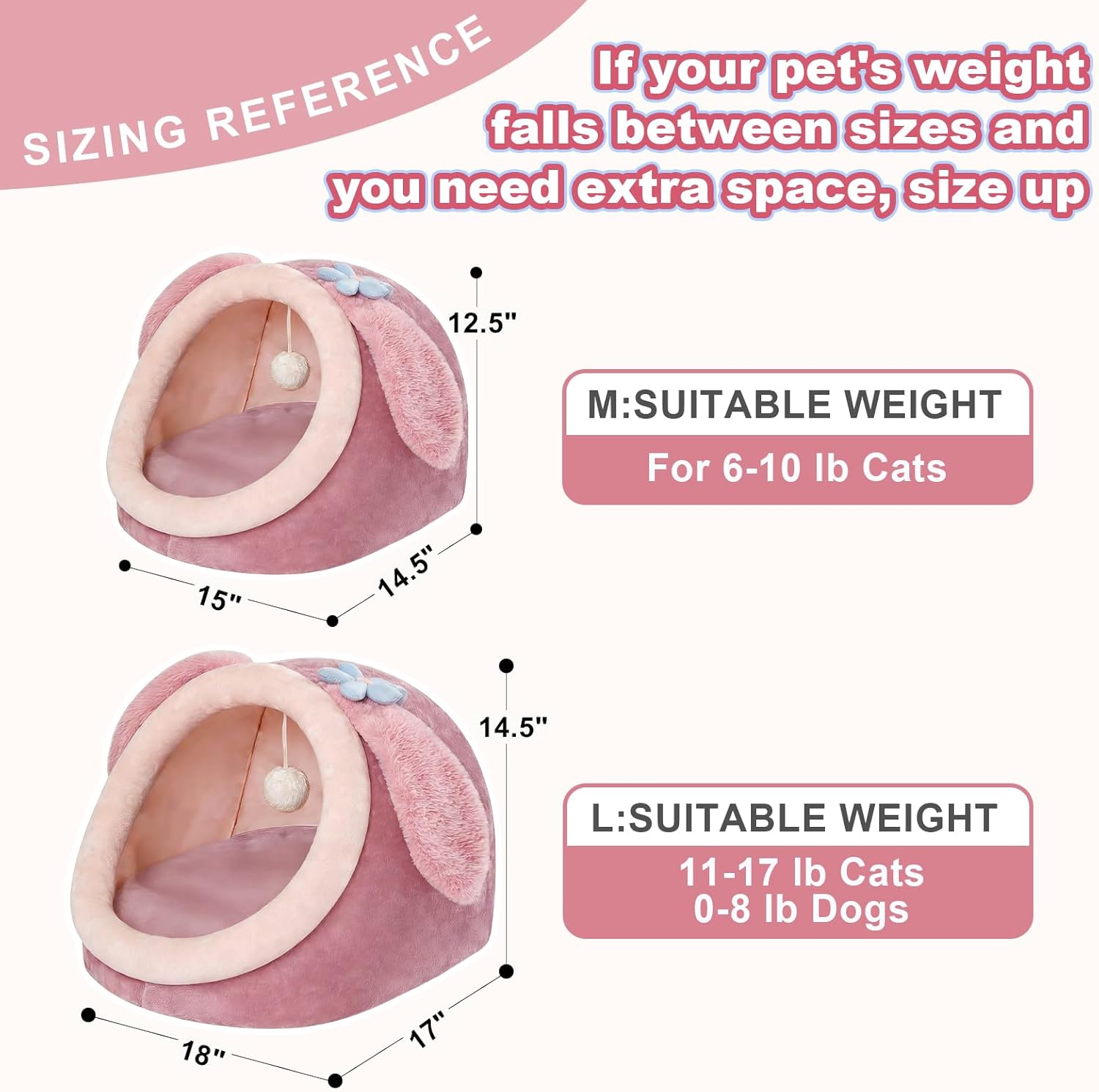 Jiupety Cute Cat Bed for Indoor, Cats Warm Soft Cave Fit for 6-10 lb Cat, Pink Rabbit, M