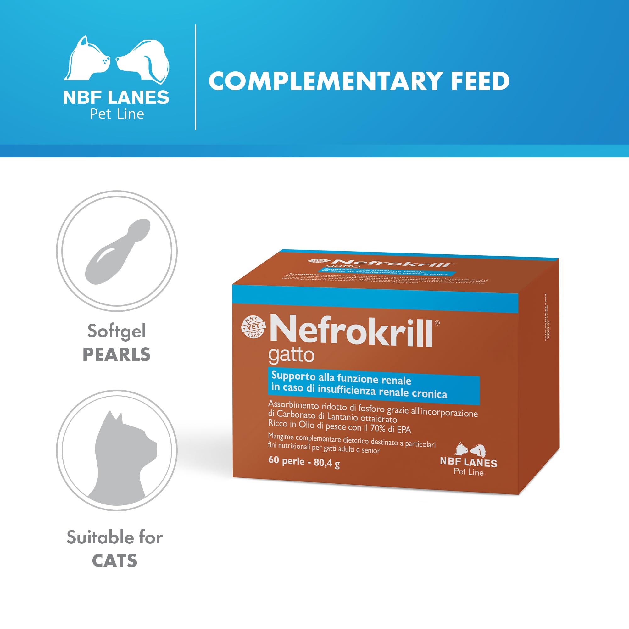 NBF Lanes | Nefrokrill Gato, 60 perlas Softgel, apoyo a la función renal en caso de insuficiencia renal crónica, para gatos adultos y mayores
