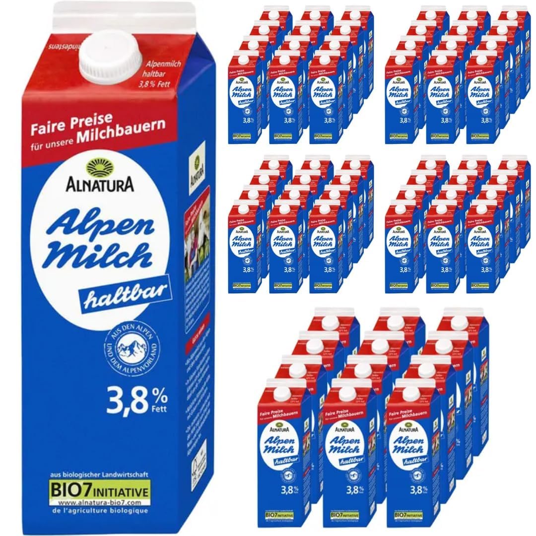 Milch fettarme H-Milch 3,8% Fett Haltbare Milch Alpenmilch, je 1 Liter, 60 Stück mit Pufai Grocery
