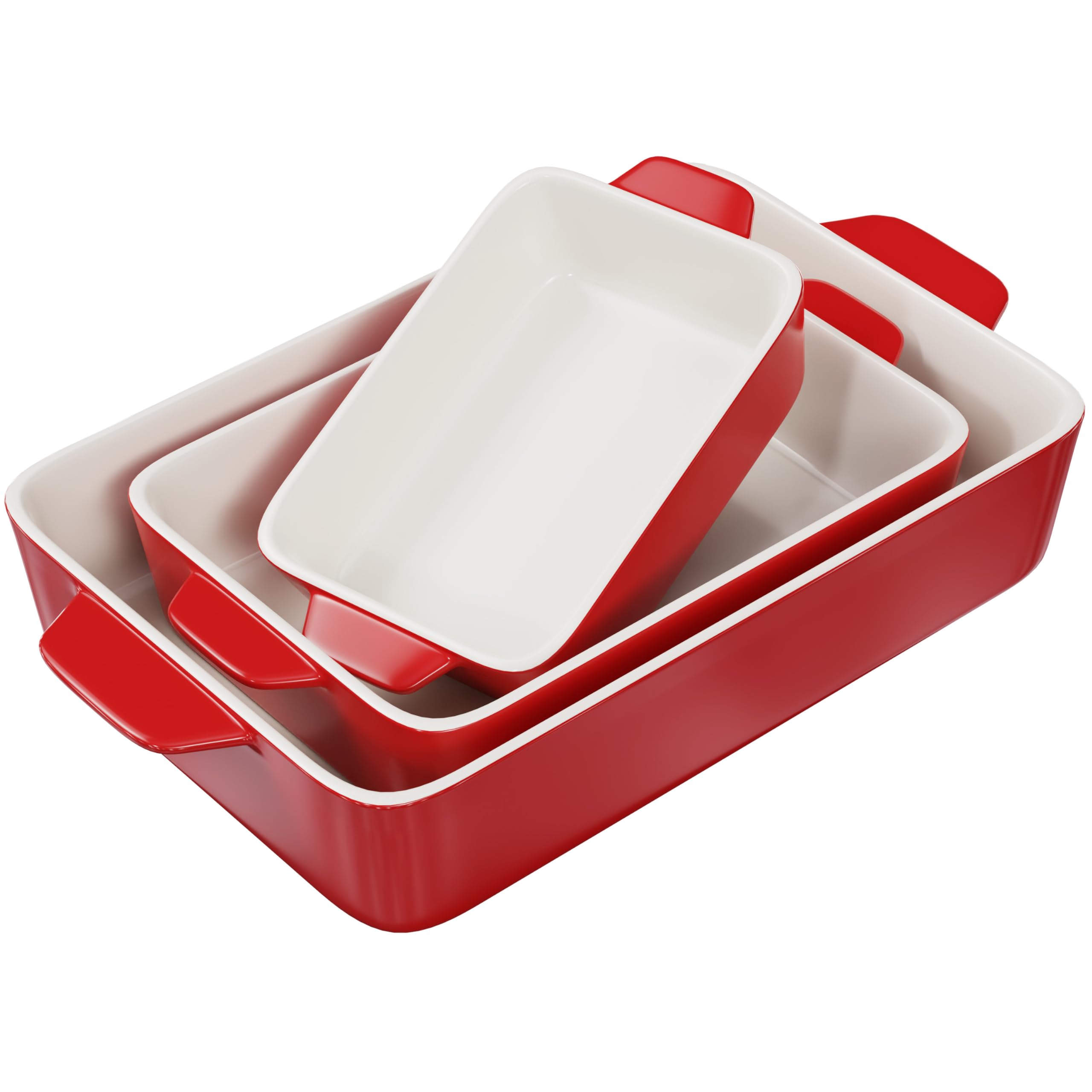 Kook Keramik-Backformen-Set, rechteckig, für Aufläufe, Lasagne, Kuchen, kleine, mittelgroße und große Pfannen, mikrowellen- und spülmaschinenfest, 3-teilig, Kirschrot