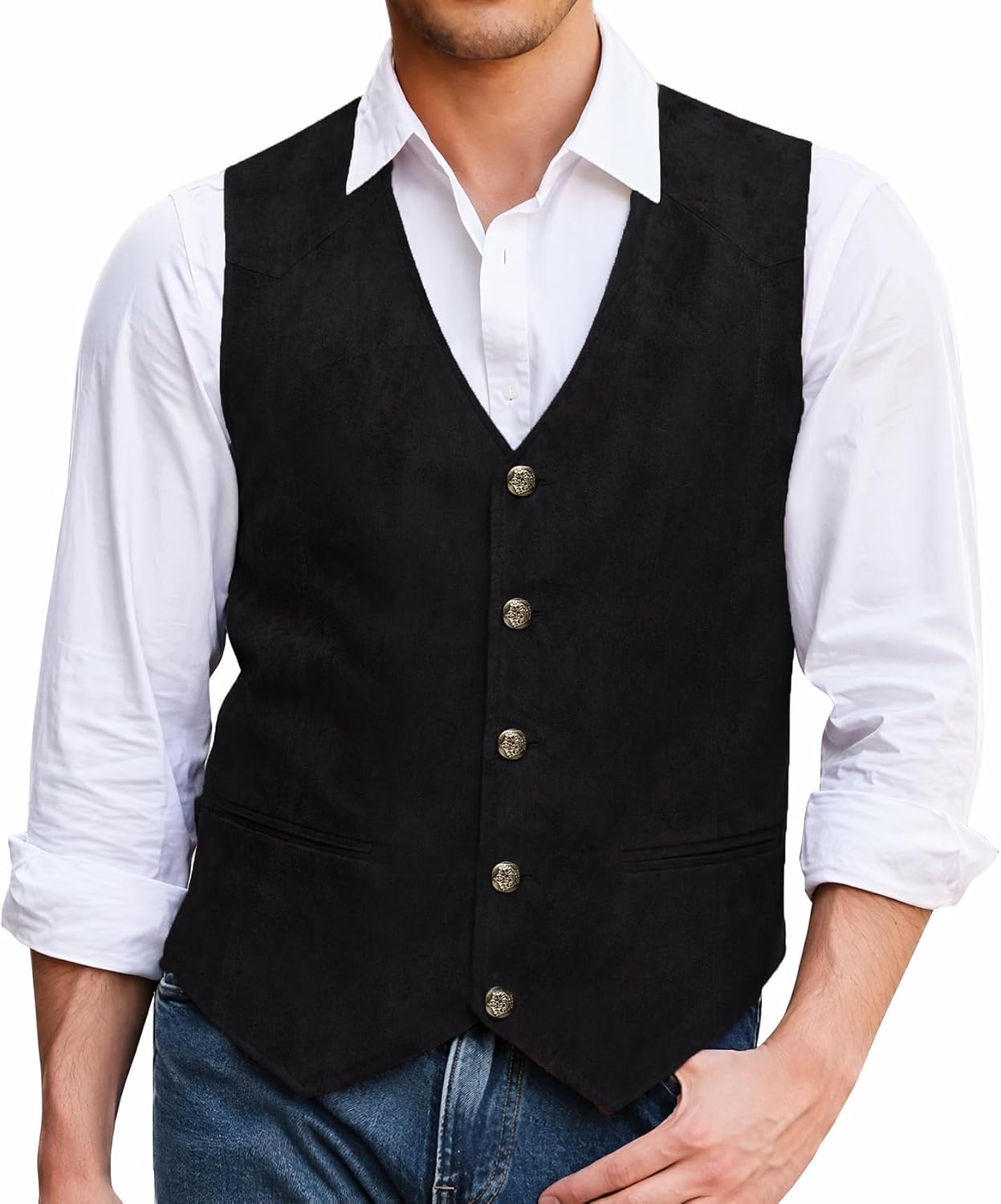 Barry.Wang Mens Suede Leather V Neck Western Cowboy Vest Pockets