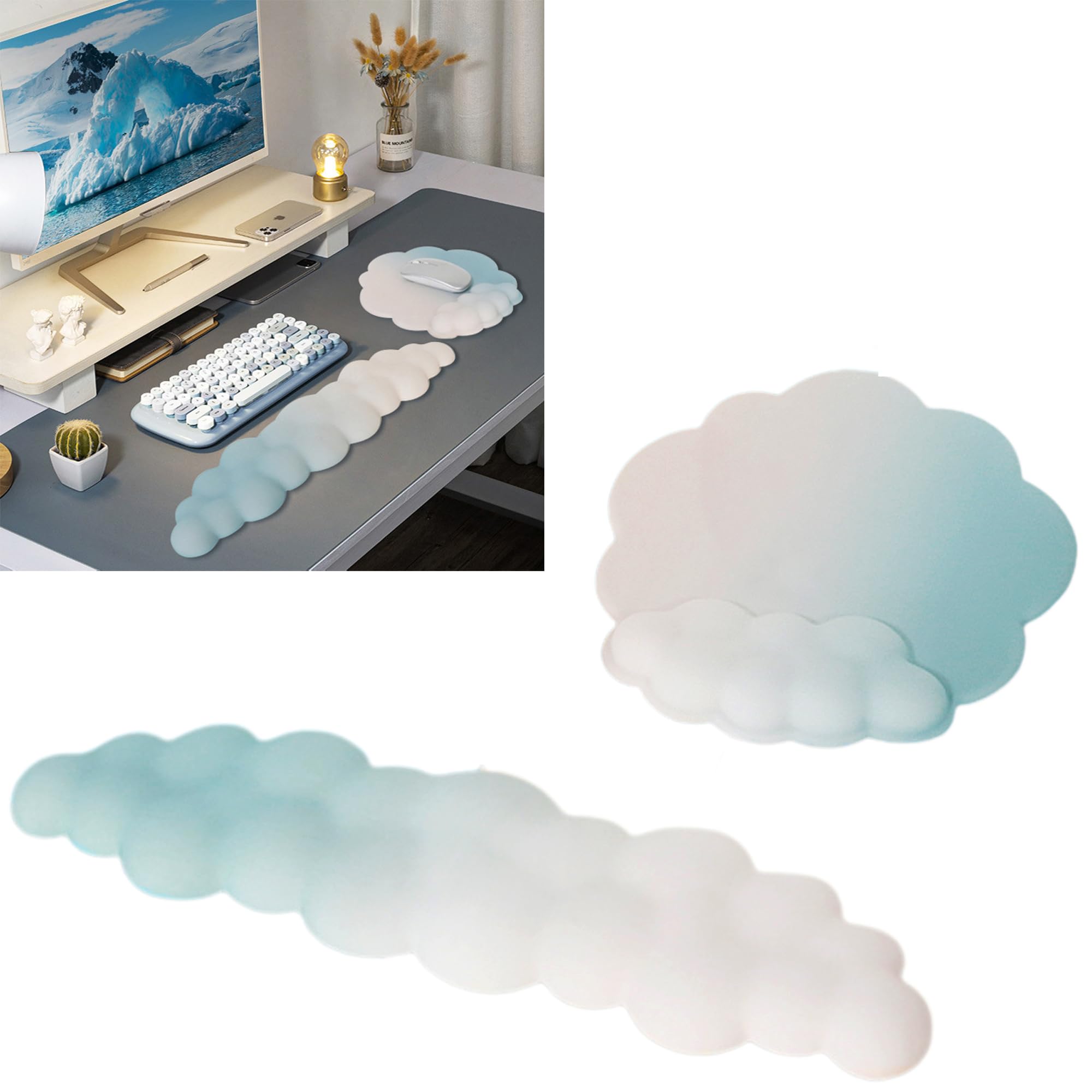 Repose Poignets Clavier - Couleur Dégradé Bleu-Blanc 42x11x2cm， Repose Doux Cloud Souris Ensemble Pour bureau gaming ordinateur portable maison Ergonomique Souple et Confortable