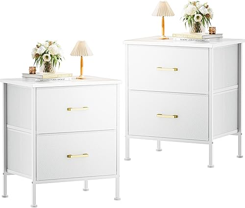 Juego de 2 mesitas de noche blancas, cómoda pequeña para dormitorio con 2 cajones de tela, mesita de noche con marco de acero, parte superior de