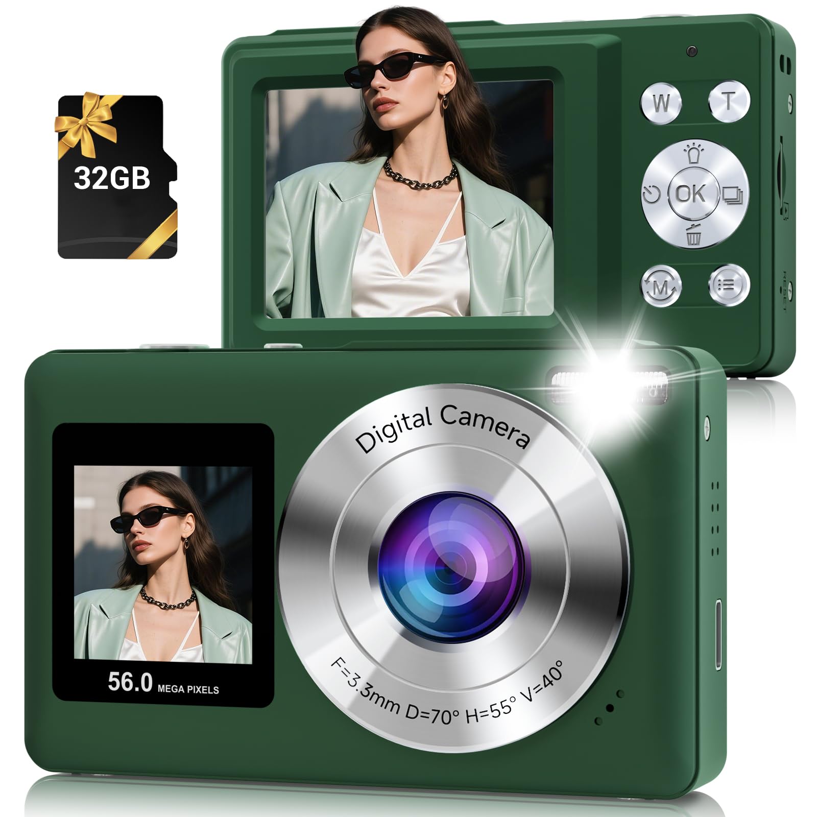 Digital Camera, 56MP Point and Shoot Camera with 32GB Card for Kids Teens