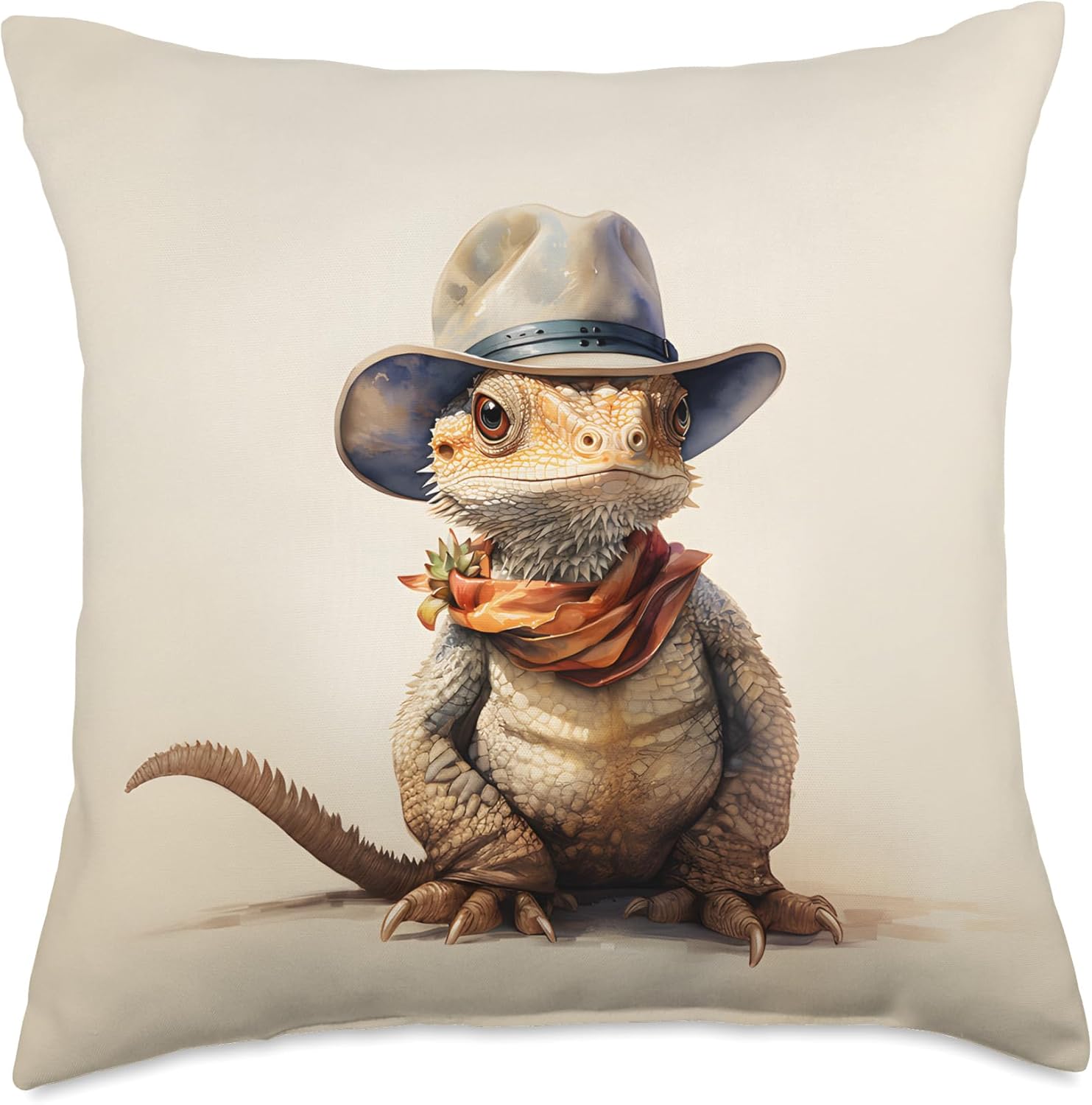 Cute Bearded Dragon Beardie Wearing a Cowboy Hat Throw Pillow