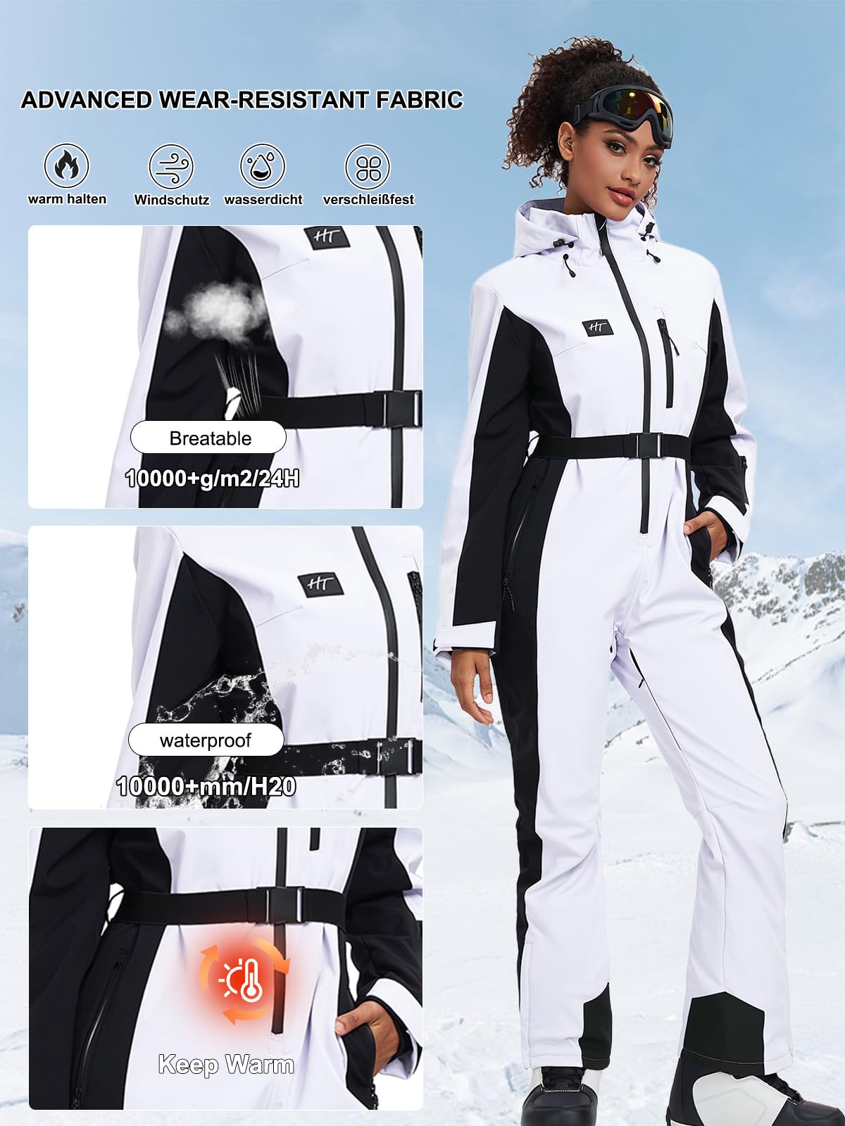 HOTIAN Traje de Esquí para Mujer de Una Sola Pieza, Mono de Invierno Cálido, Resistente al Viento, Impermeable, para Nieve y Exteriores, Con Capucha