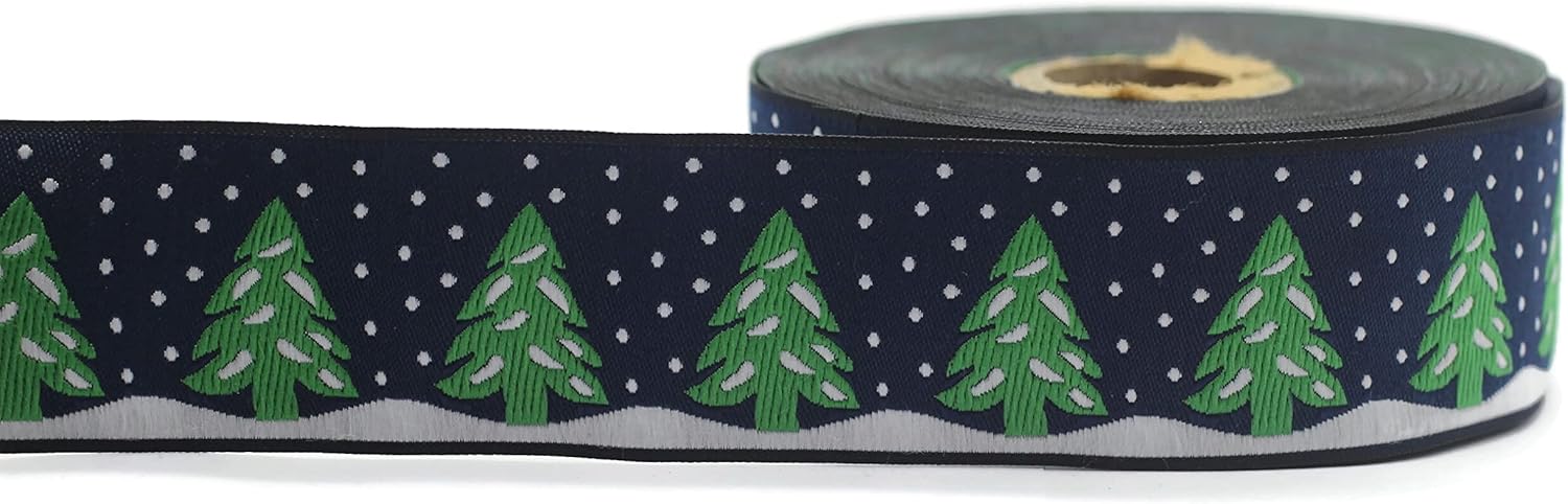 11 Yard Spool 1.37 inches Blue Christmas Jacquard Ribbon Sewing Trim Pine Trees Upholstery Fabric Costume Drapery Making Trimming 35482