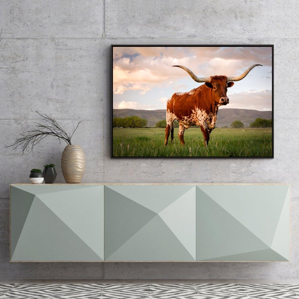 Visual Art Decor Large Animals Canvas Wall Art Texas Decor Longhorn in Sunset Farm Picture Prints Framed and Stretched Painting for Modern Home Living Room Decoration (28"x40" Origin)