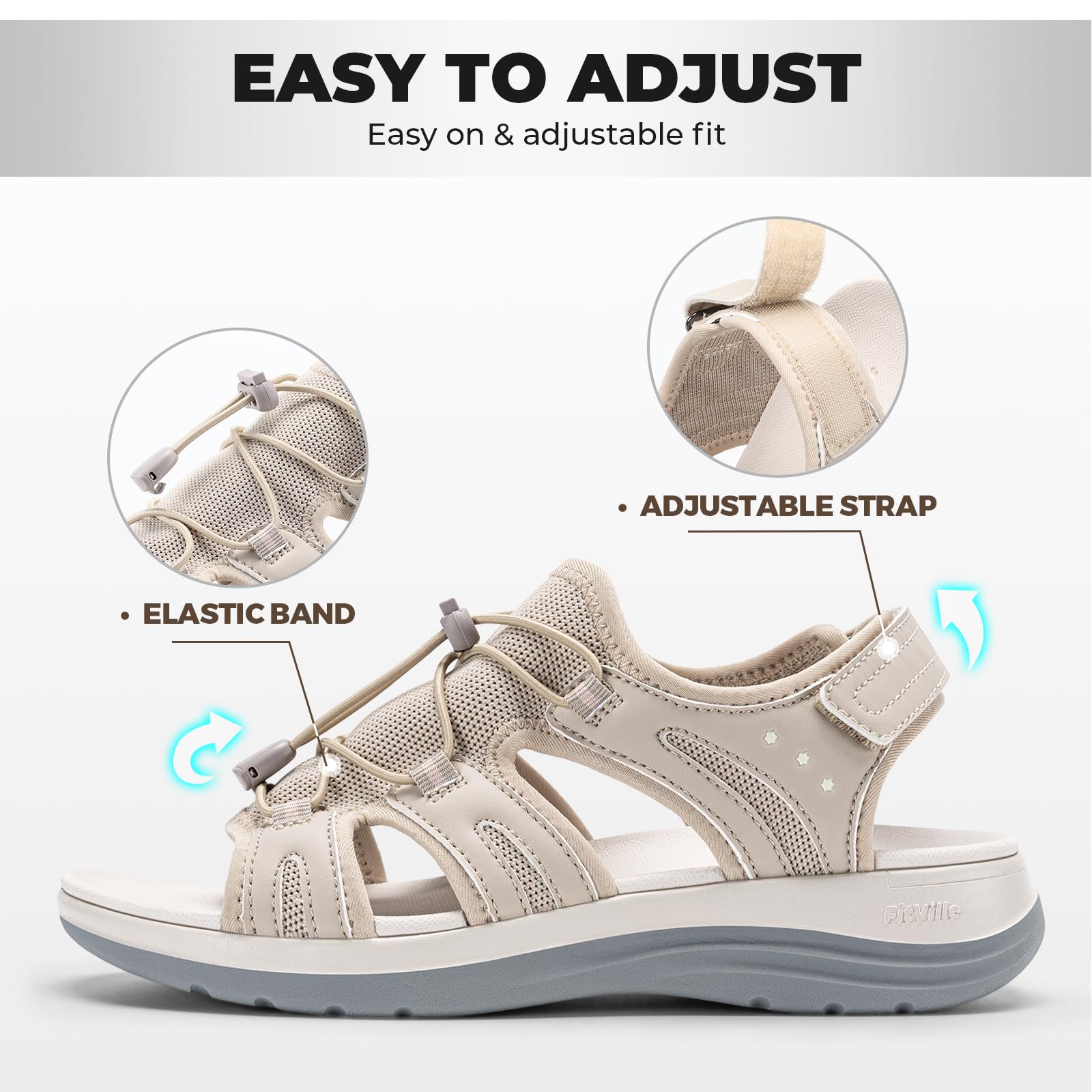 FitVille Sandalias Anchas para Mujer Verano Transpirables Cómodas con Sistema de Cordón Elástico y Correa Ajustable