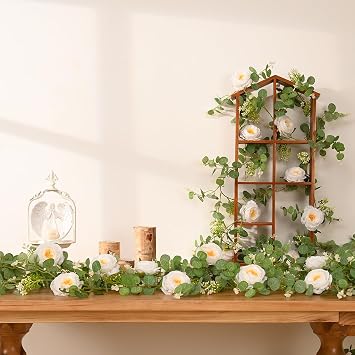 Buy Together 2 Pcs Artificial Eucalyptus Garlands with White Camellias & 2 Pcs Artificial Eucalyptus Garlands with White Camellias and String Lights