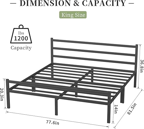 Miniatura 2 de Musen Base de cama King con cabecera y estribo plataforma de 14 pulgadas con almacenamiento marco de cama de metal de acero resistente no necesita