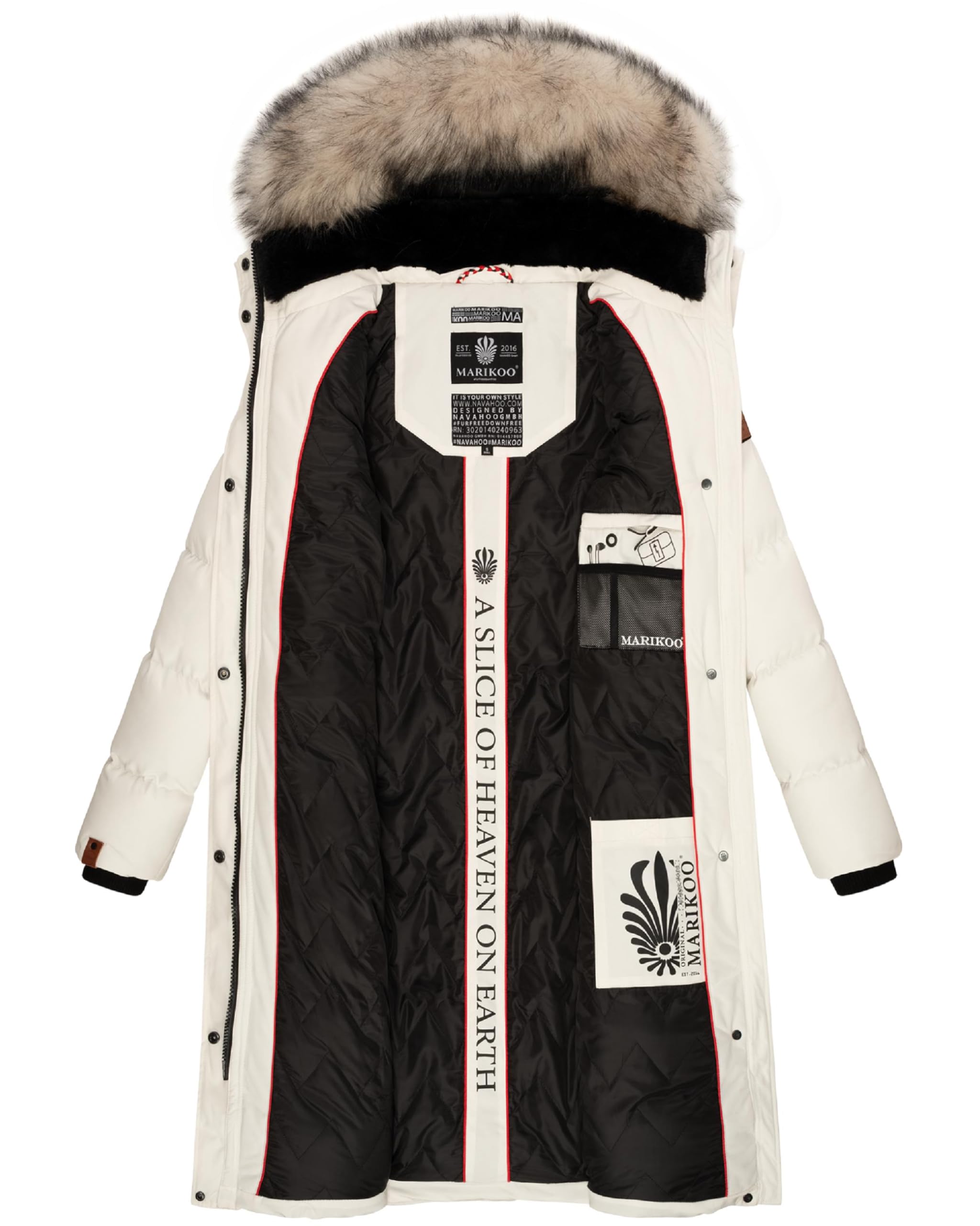 MARIKOO Damen Wintermantel warmer Steppmantel lang mit abnehmbarem Kunstfell und Kapuze Schneesternchen XS-XXL