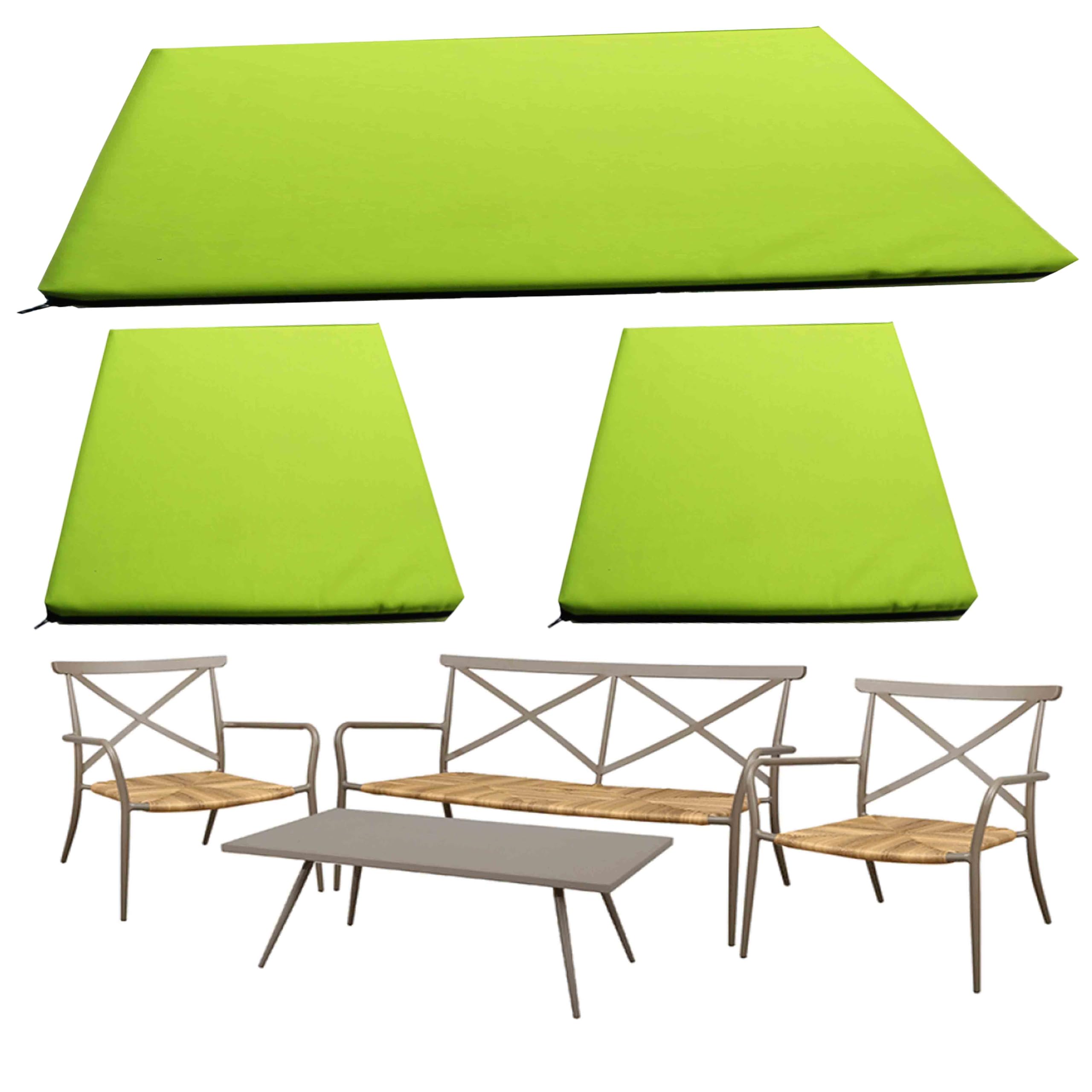 GRIZZLY FOAM Waterproof Replacement Cushion Set for Rattan Chairs 3pc Outdoor Indoor Garden Furniture Removeable Zipped Cover Ask Any Customize Size (Lime Green, 18x37x2inch 18x18x2inch)