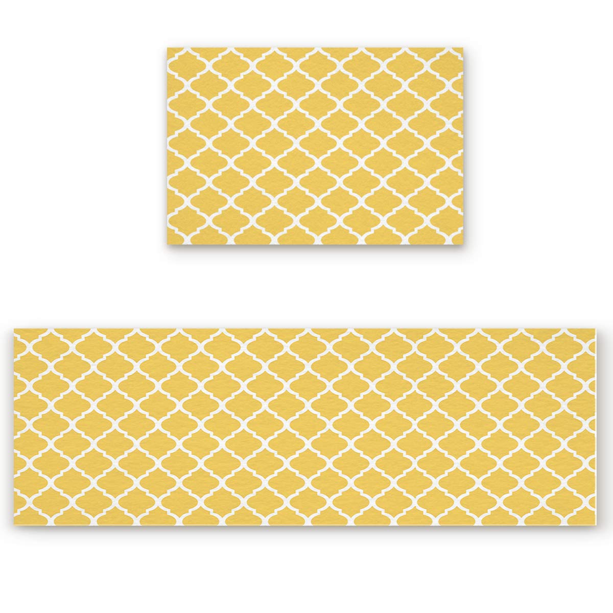 LivencherKitchen Rug Set,Anti Fatigue Waterproof Non-Skid/Slip Washable Doormat Floor Runner Bathroom Area Rug Carpet - Modern Moroccan Geometric Pattern - Yellow 19.7x31.5in+19.7x63in