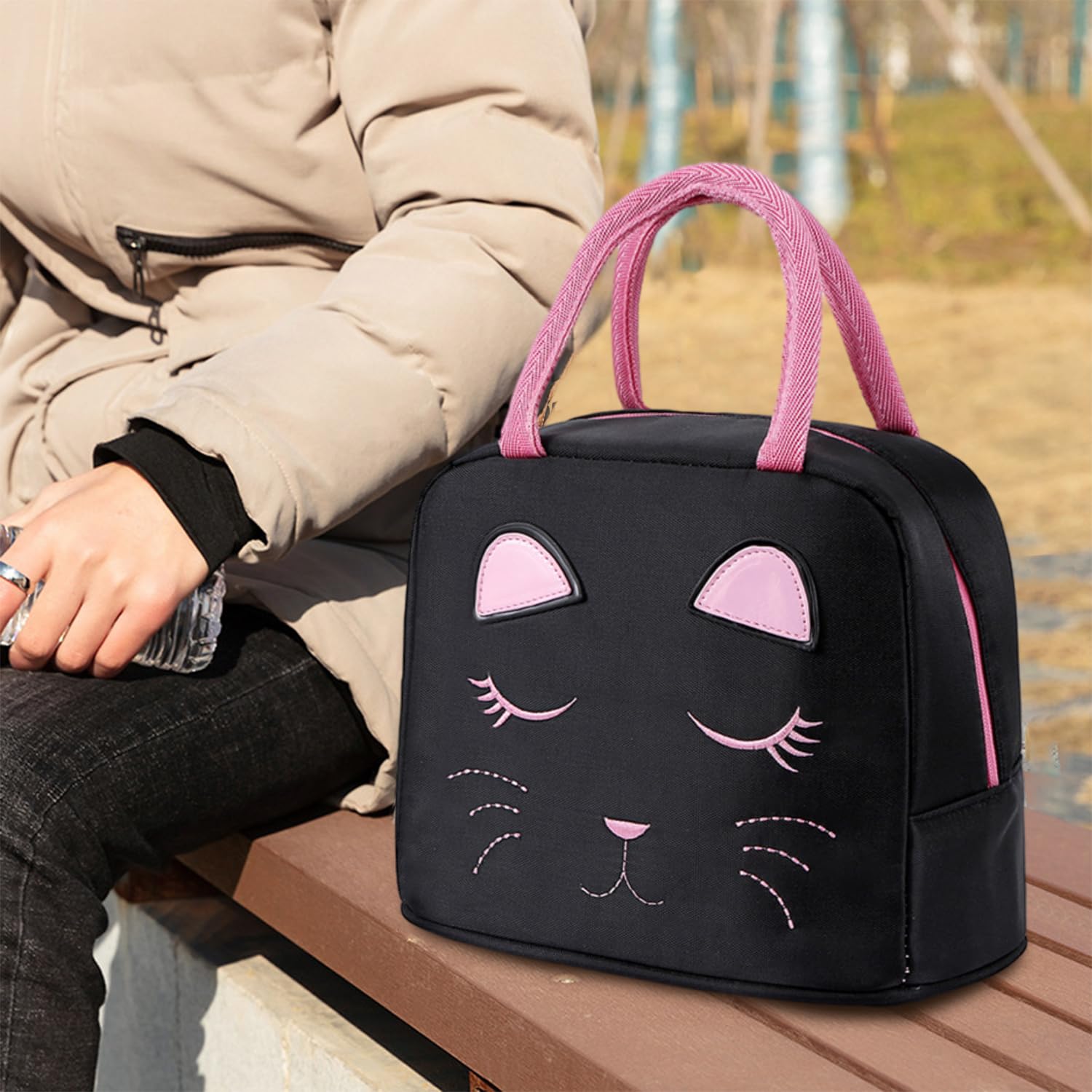 MEMOFYND Lunchtasche Mit Katzengesicht | Wasserdichte Brotbox Mit 3-teiligem Besteckset | 21x20x15cm