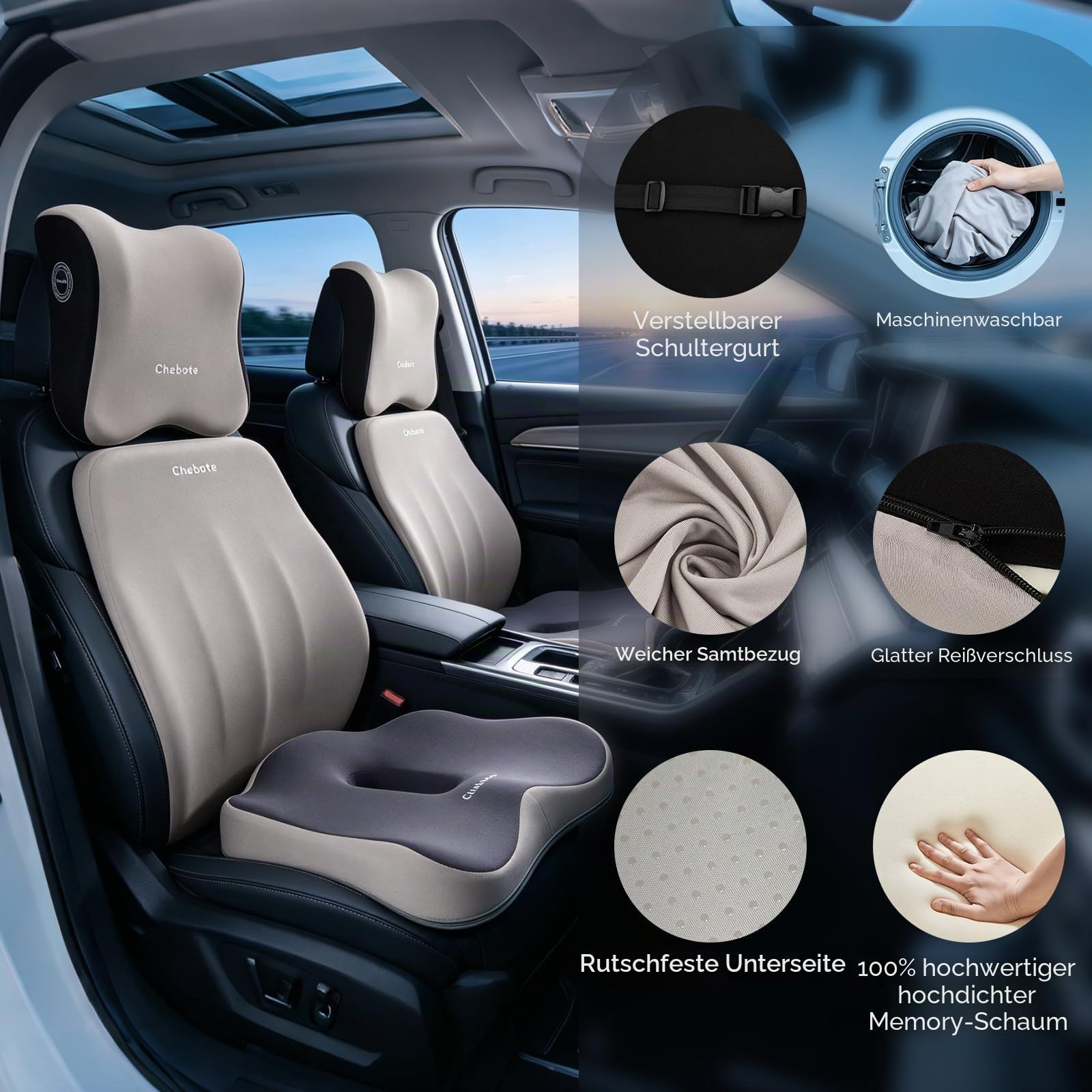 3-in-1 Sitzkissen orthopädisch mit Lordosenstütze & Nackenstütze – Memory Schaum Set für Bürostuhl, Auto & Reise, Waschbar Rutschfestes Rückenlehne zur Schmerzlinderung bei Ischias & Langzeit Sitzen