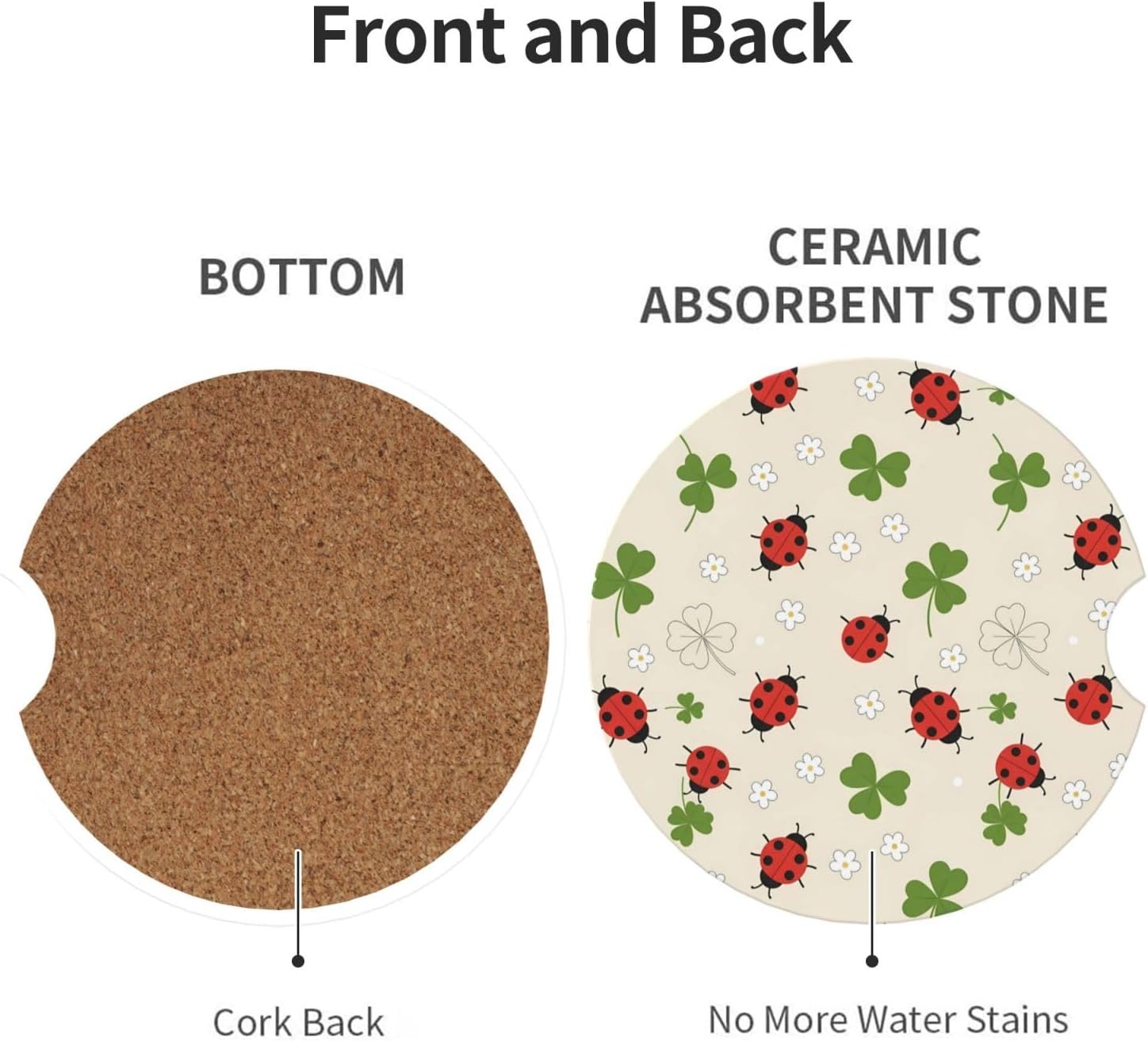 St. Patrick's Day Car Coasters 2 Pack Red Ladybugs Green Shamrock Floral Absorbent Ceramic Auto Cup Holder Coaster Irish Holiday Car Interior Accessories & Gifts for Women Men